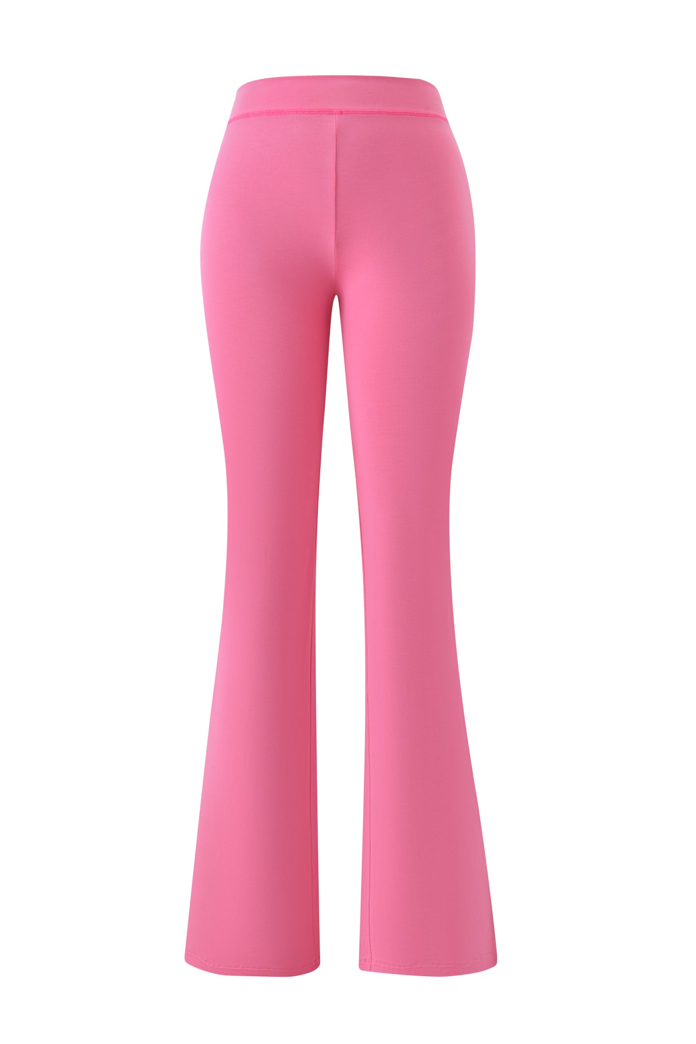The BLARE TRACKPANT - NEON PINK by I.AM.GIA is shown from the back on a white background, featuring a high, fitted waist and thighs that flare out from the knee for a bold statement look.
