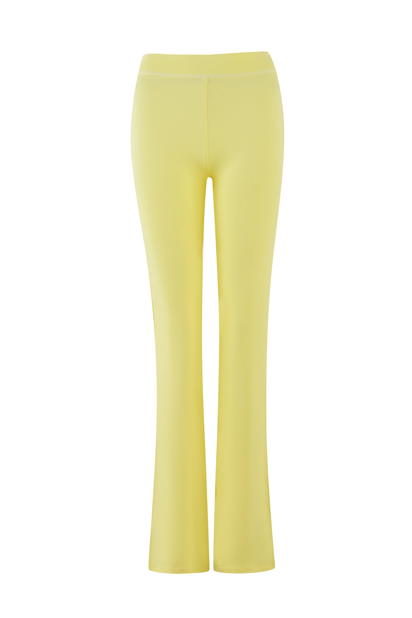 The BLARE TRACKPANT in pale yellow by I.AM.GIA showcases flared pants made from bamboo and jersey, elegantly set against a white backdrop, with subtle logo detailing enhancing its style.