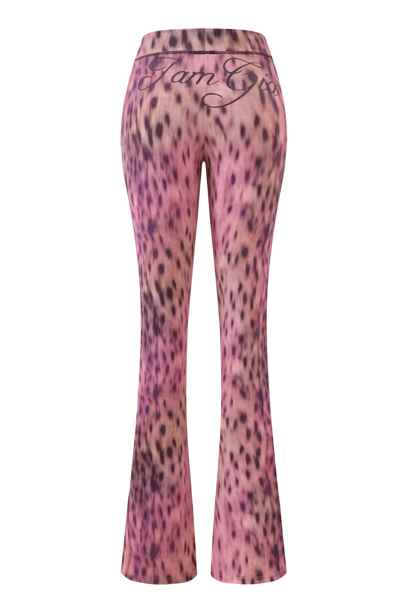 The I.AM.GIA BLARE TRACKPANT in Pink Blurred Cheetah features a low-rise waist, flared legs, and cursive text on the waistband, shown from the back.