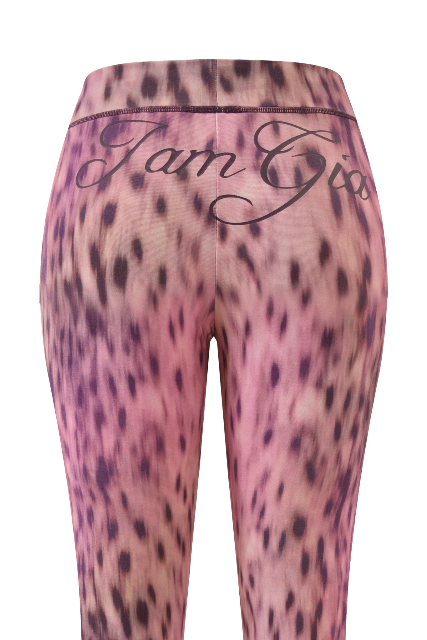 The I.AM.GIA BLARE TRACKPANT in Pink Blurred Cheetah features a bold pink cheetah print, black accents, and a trendy low-rise waist.