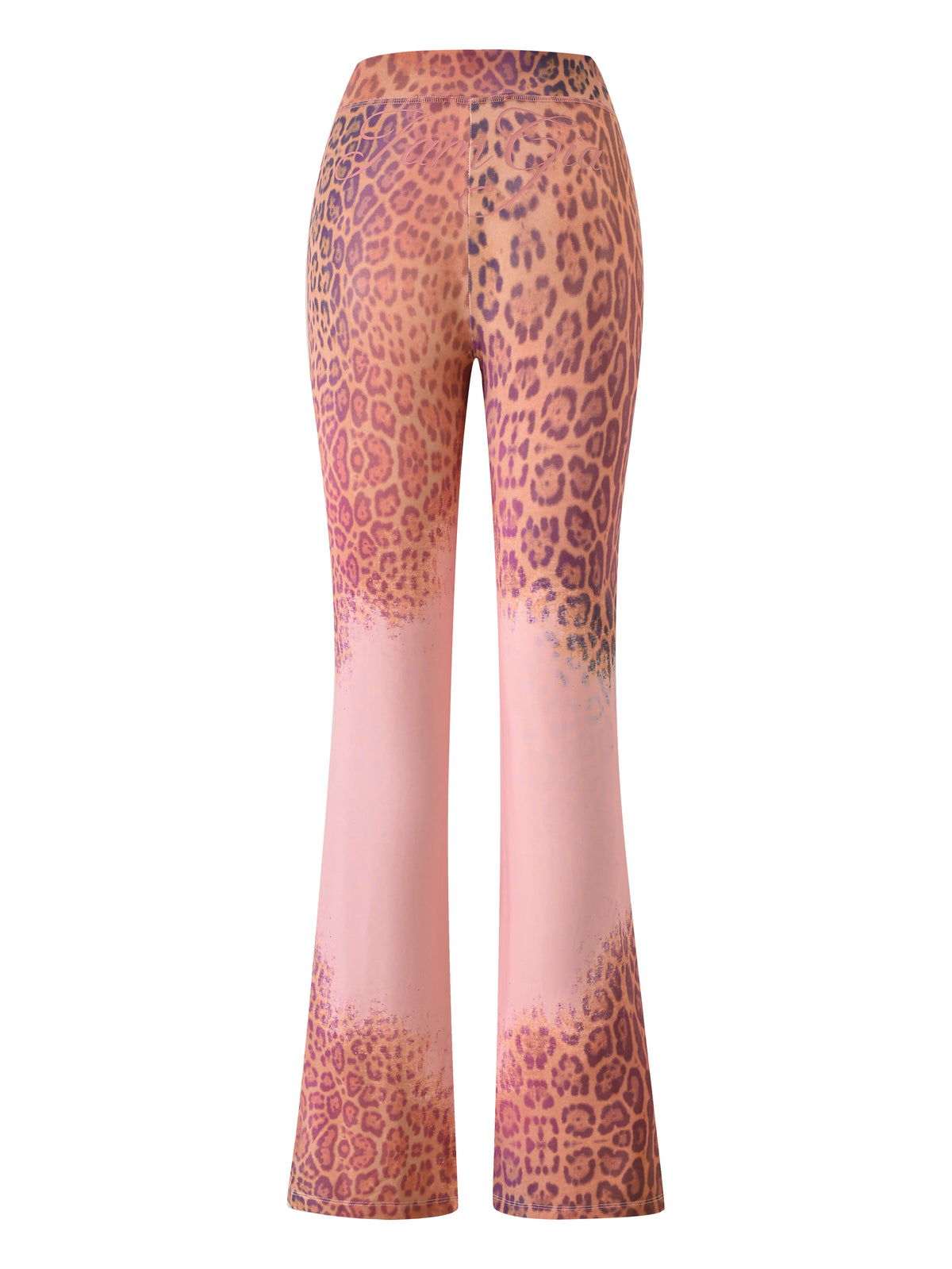 The BLARE TRACKPANT - PINK FADED PANTHERA by I.AM.GIA features a high-waisted, flared leg design in a pink-to-orange gradient with a striking Pink Faded Panthera leopard print, shown from the back against a white background.