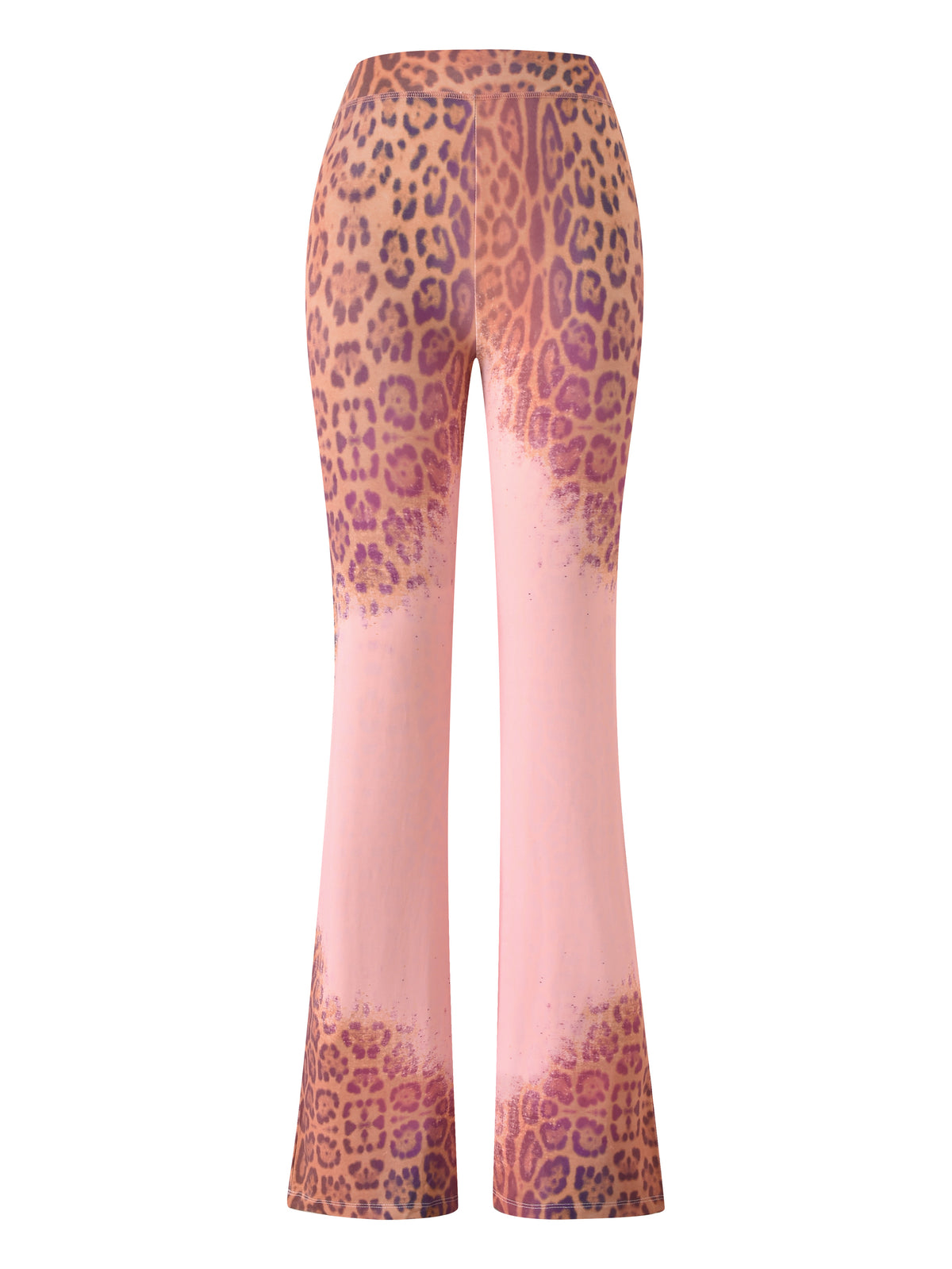 The BLARE TRACKPANT - PINK FADED PANTHERA by I.AM.GIA features a high-waisted, flared-leg silhouette with a bold pink and brown leopard print that softly transitions to solid pink at the knees before the striking pattern reappears at the hems.