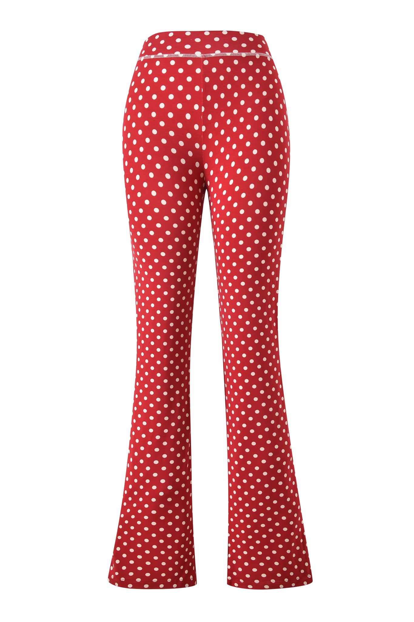 The I.AM.GIA BLARE TRACKPANT - RED POLKA DOT features a high waist and flared leg, with white polka dots on soft bamboo fabric, shown against a white background.