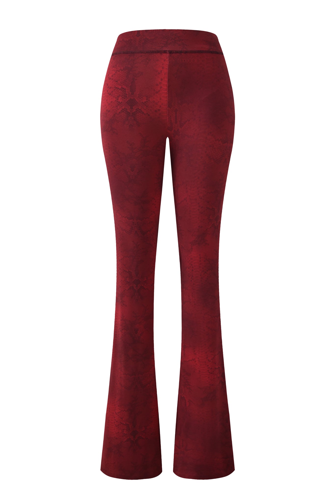 The BLARE TRACKPANT - RED SERPENTINE by I.AM.GIA features a high-waisted, fitted silhouette with a subtle serpentine print and flared legs, shown from the back against a white background.