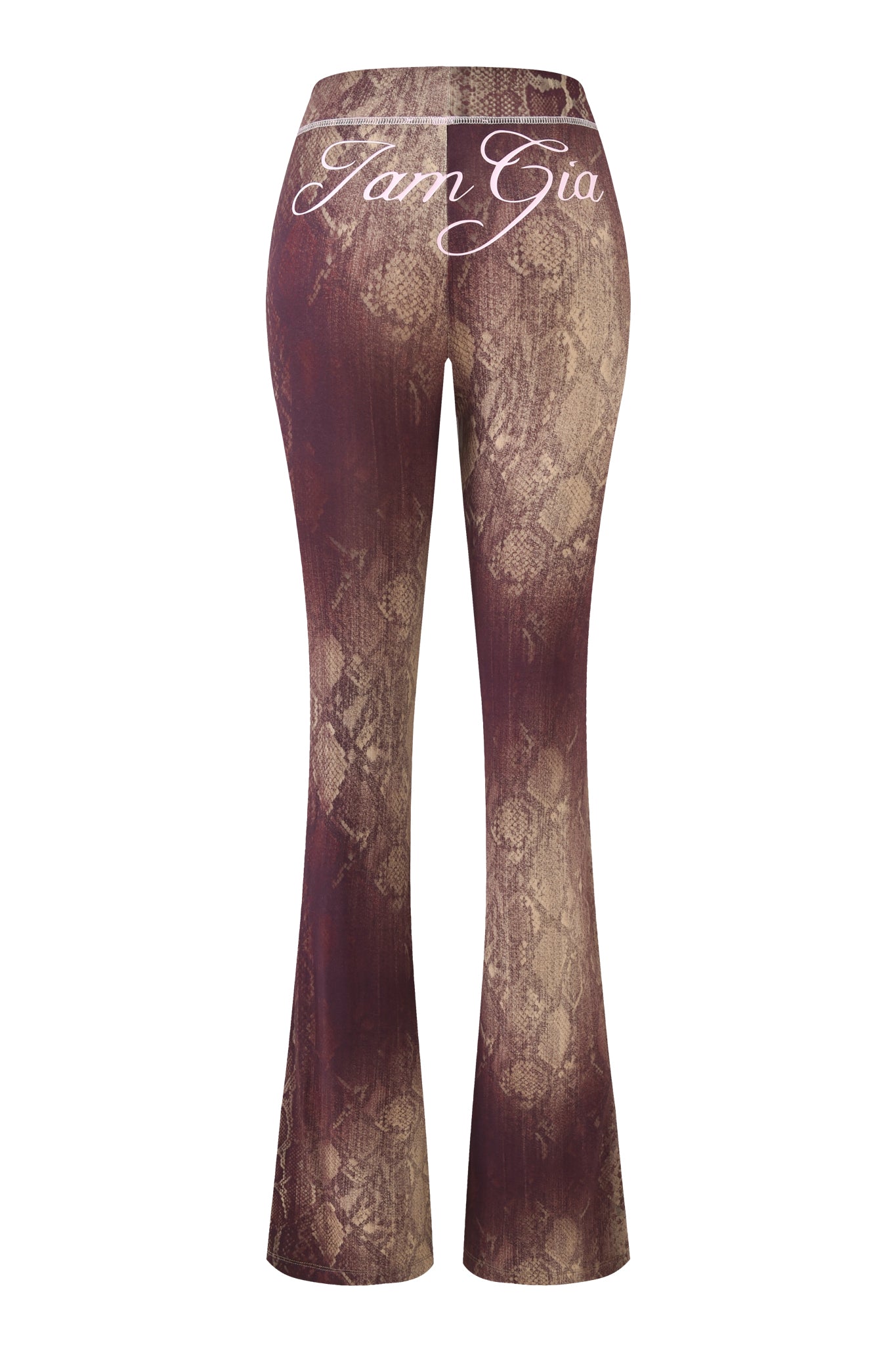 High-waisted BLARE TRACKPANT - SNAKE by I.AM.GIA in brown snake print, shown from the back with “I.AM.GIA” in white script across the waistband.