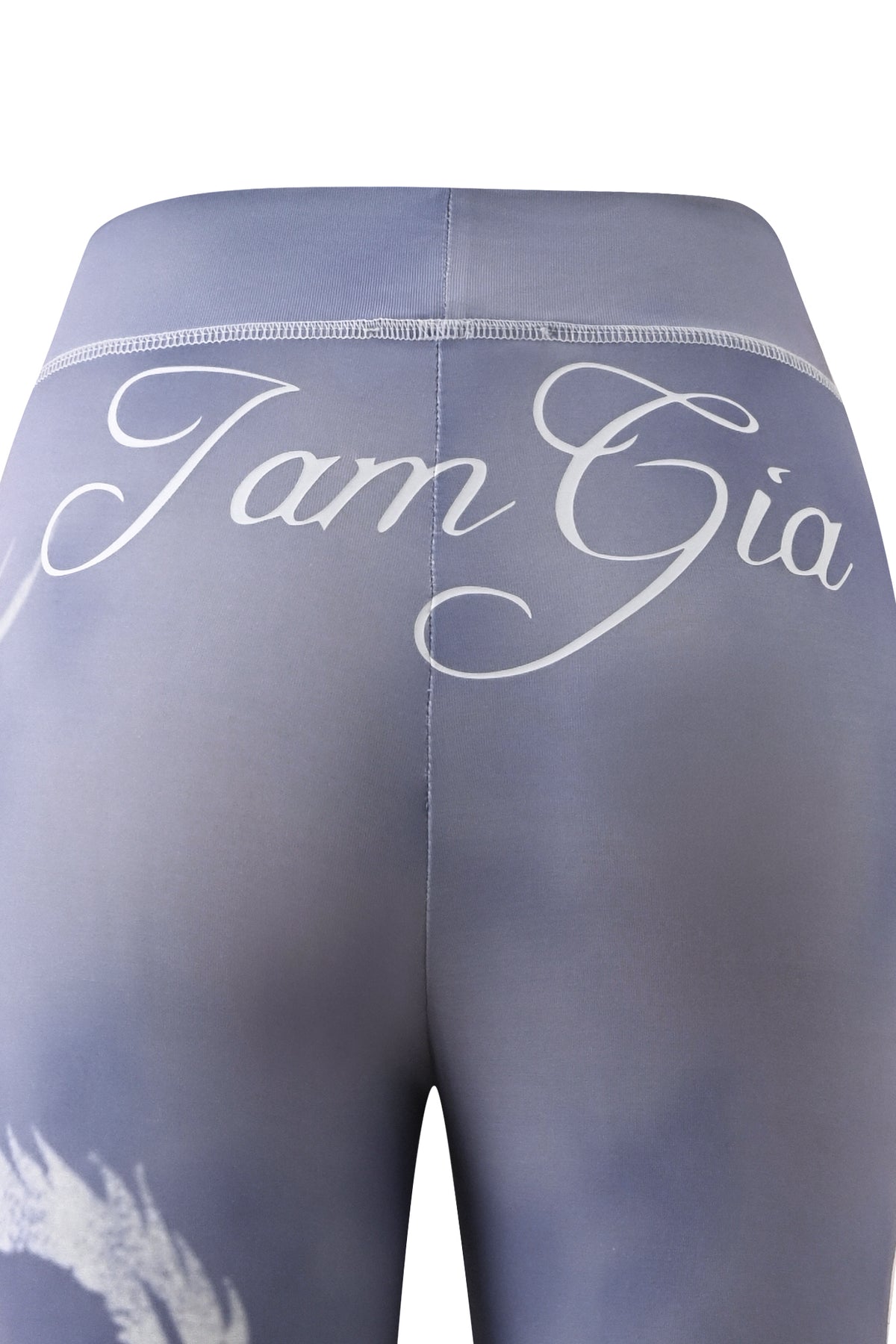 Close-up of the back of steel blue dragon BLARE TRACKPANT by I.AM.GIA, featuring “Jam Gia” in white cursive text across the waistband—a signature detail reminiscent of classic I.AM.GIA trackpant styles.