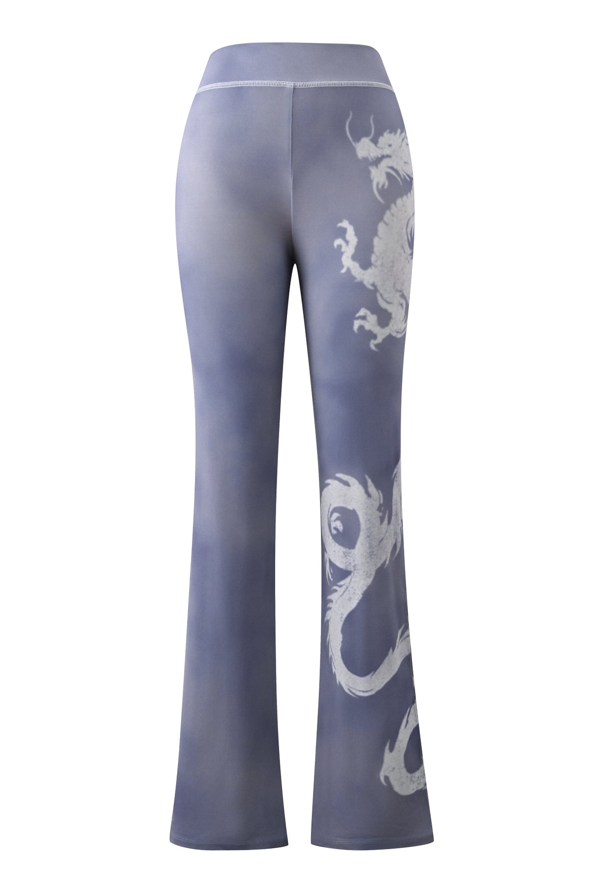 Back view of the I.AM.GIA BLARE TRACKPANT in Steel Blue Dragon, a high-waisted, flared pant featuring a bold white dragon graphic wrapping around one leg.