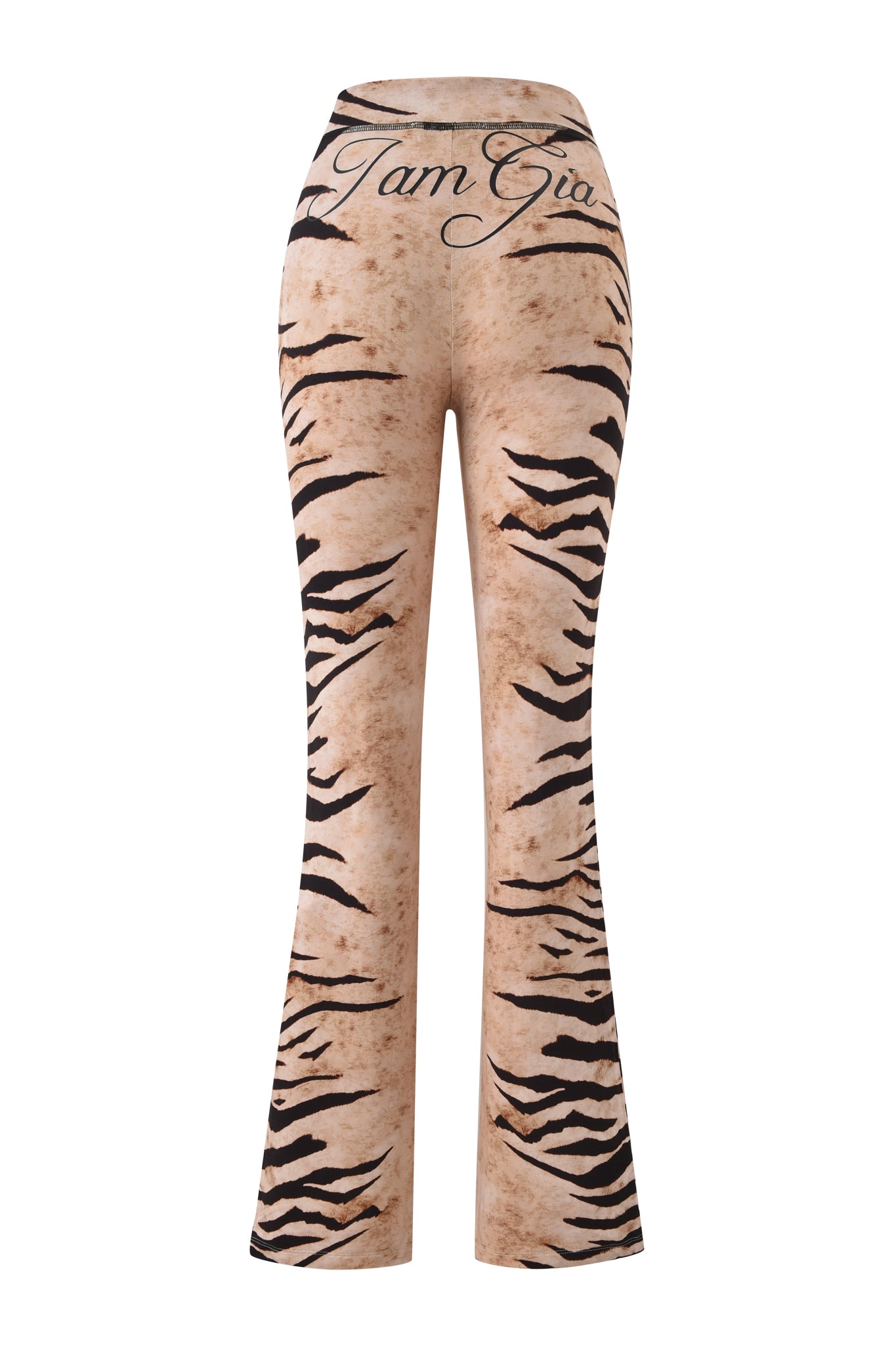 The BLARE TRACKPANT - WILD SIDE by I.AM.GIA is a high-waisted, flared trackpant with a beige and black Wild Side print and "I Am Gia" in cursive on the waistband.