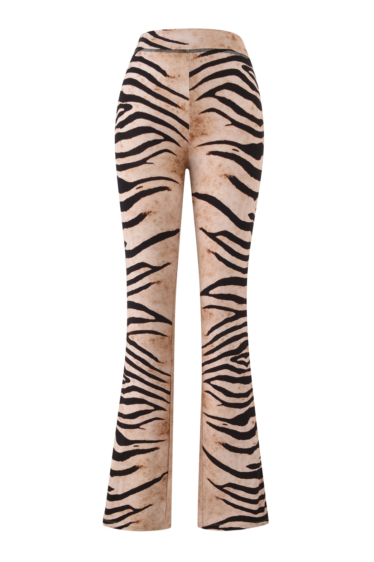 The I.AM.GIA BLARE TRACKPANT - WILD SIDE features a high-waisted fit, beige background with a bold Wild Side print, a fitted waist and hips, flared legs from the knees, and is crafted from bamboo fabrication.