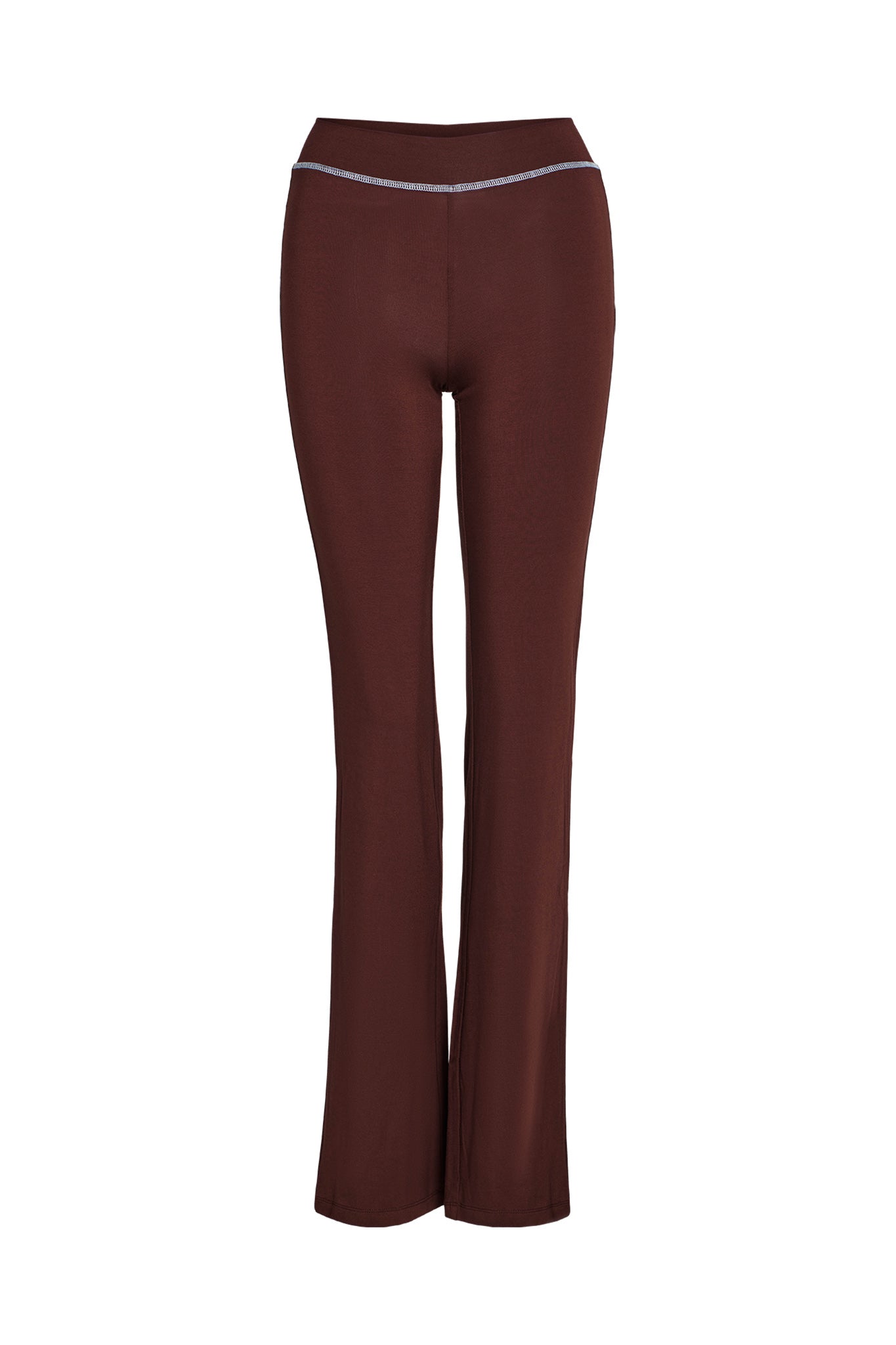 The BLARE TRACKPANT - BROWN by I.AM.GIA is showcased against a white background. These pants have a fitted waist and hips, flaring out from the knees. A subtle horizontal seam detail is visible just below the waistband.