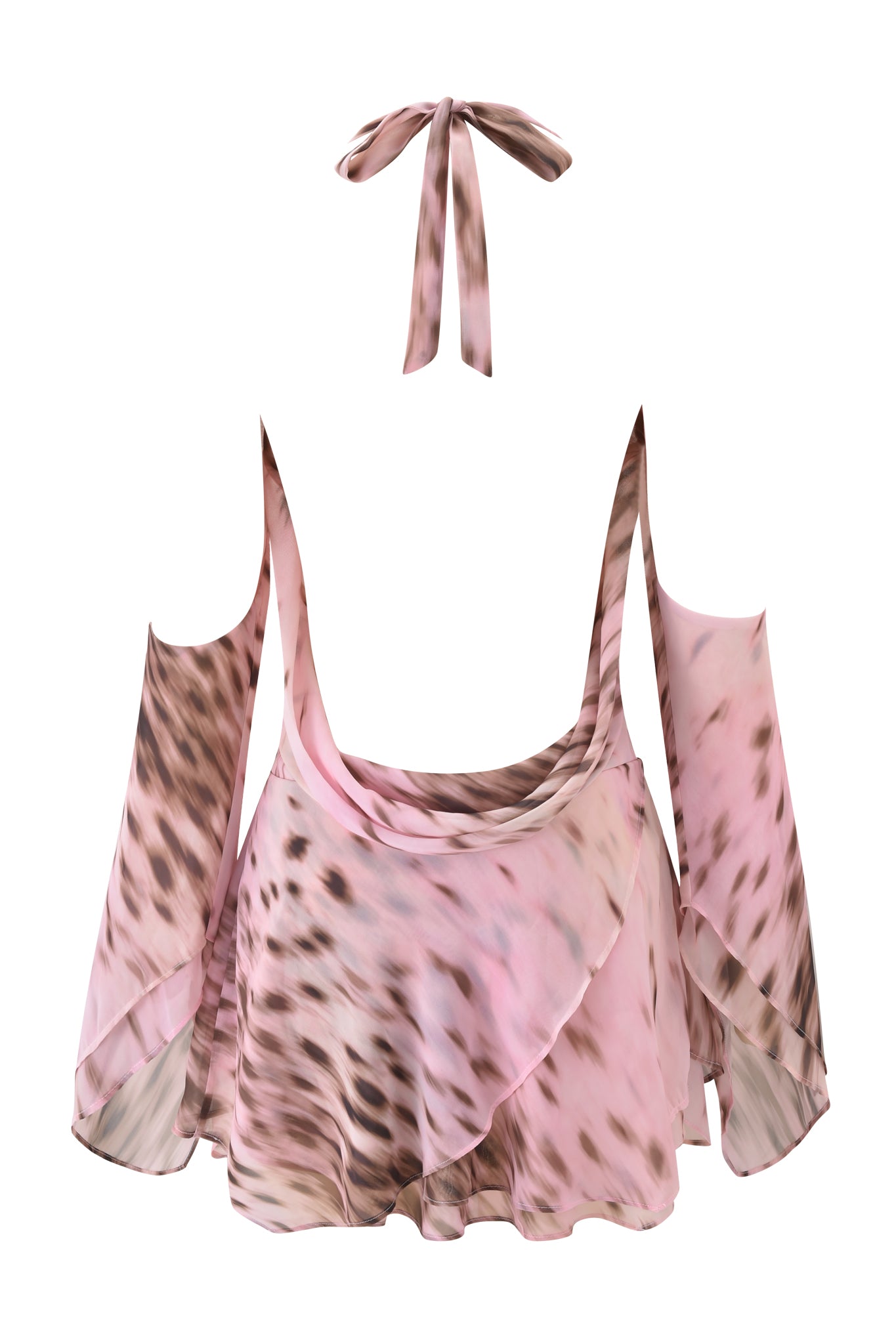 The ROSANNA COWL HALTER MINI DRESS by I.AM.GIA features a pink blurred cheetah print, cowl neckline, halter tie, low back, and a mini length for a striking look.