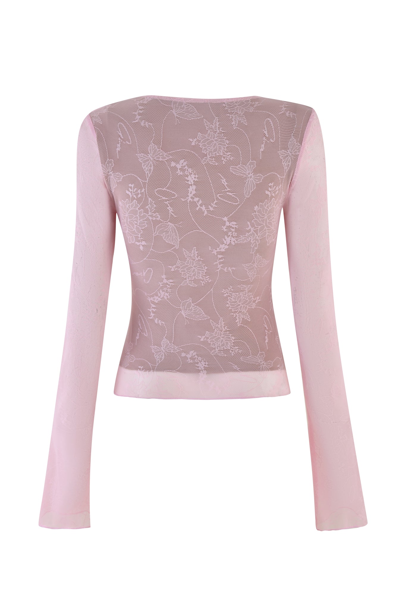 The YVETTE TOP - PINK : BABY PINK by I.AM.GIA is a sheer, long-sleeved crop top featuring an intricate floral pattern. Its delicate, translucent fabric beautifully displays detailed leaf and flower embroidery, complemented by butterfly lace accents that add elegance to the graceful design on the back.