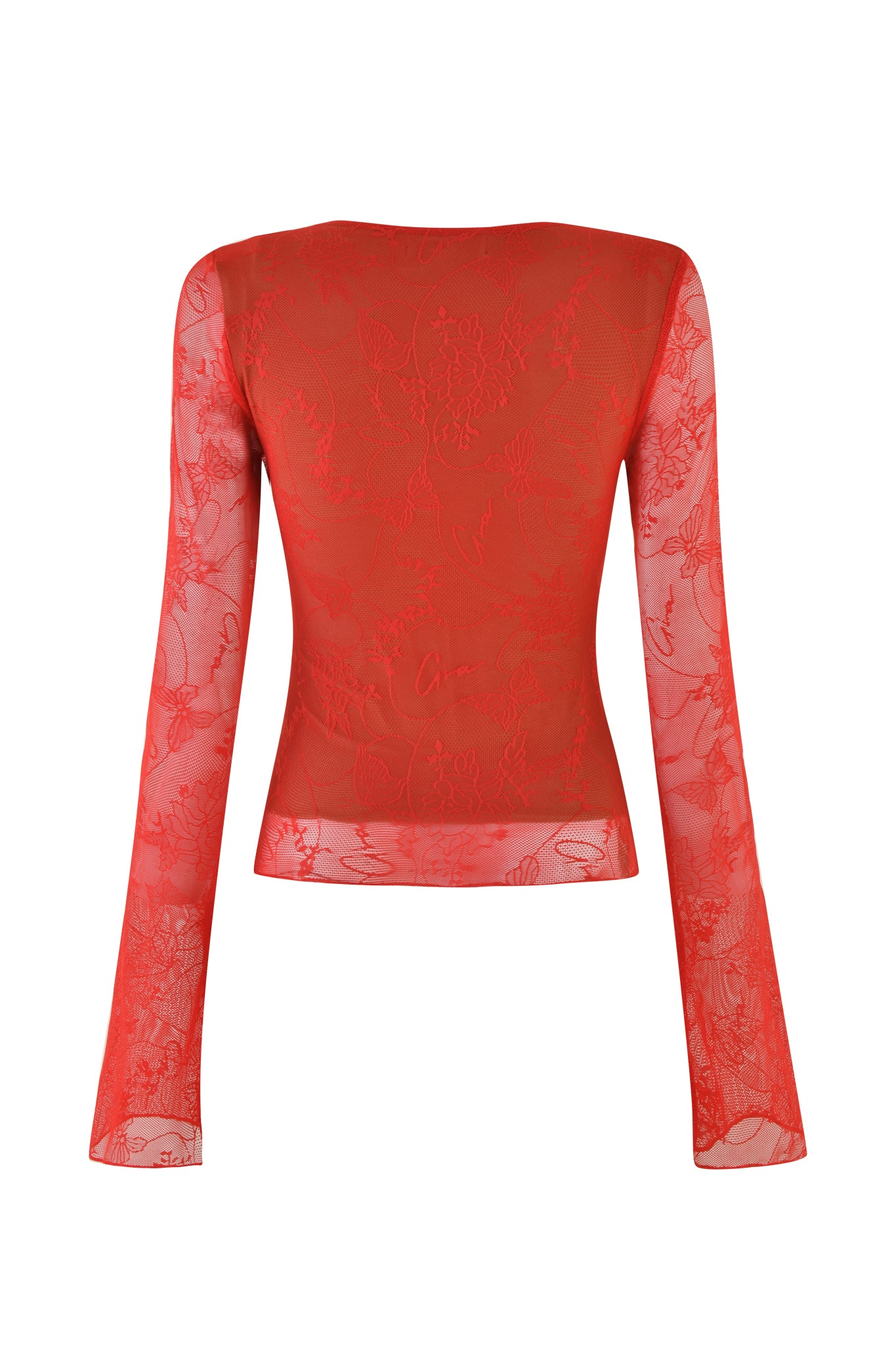 Introducing the YVETTE TOP - RED by I.AM.GIA, a sheer long-sleeve top crafted from red lace featuring intricate butterfly lace detailing. It offers a slightly fitted cut with translucent fabric, complemented by a simple neckline and a straight hemline.