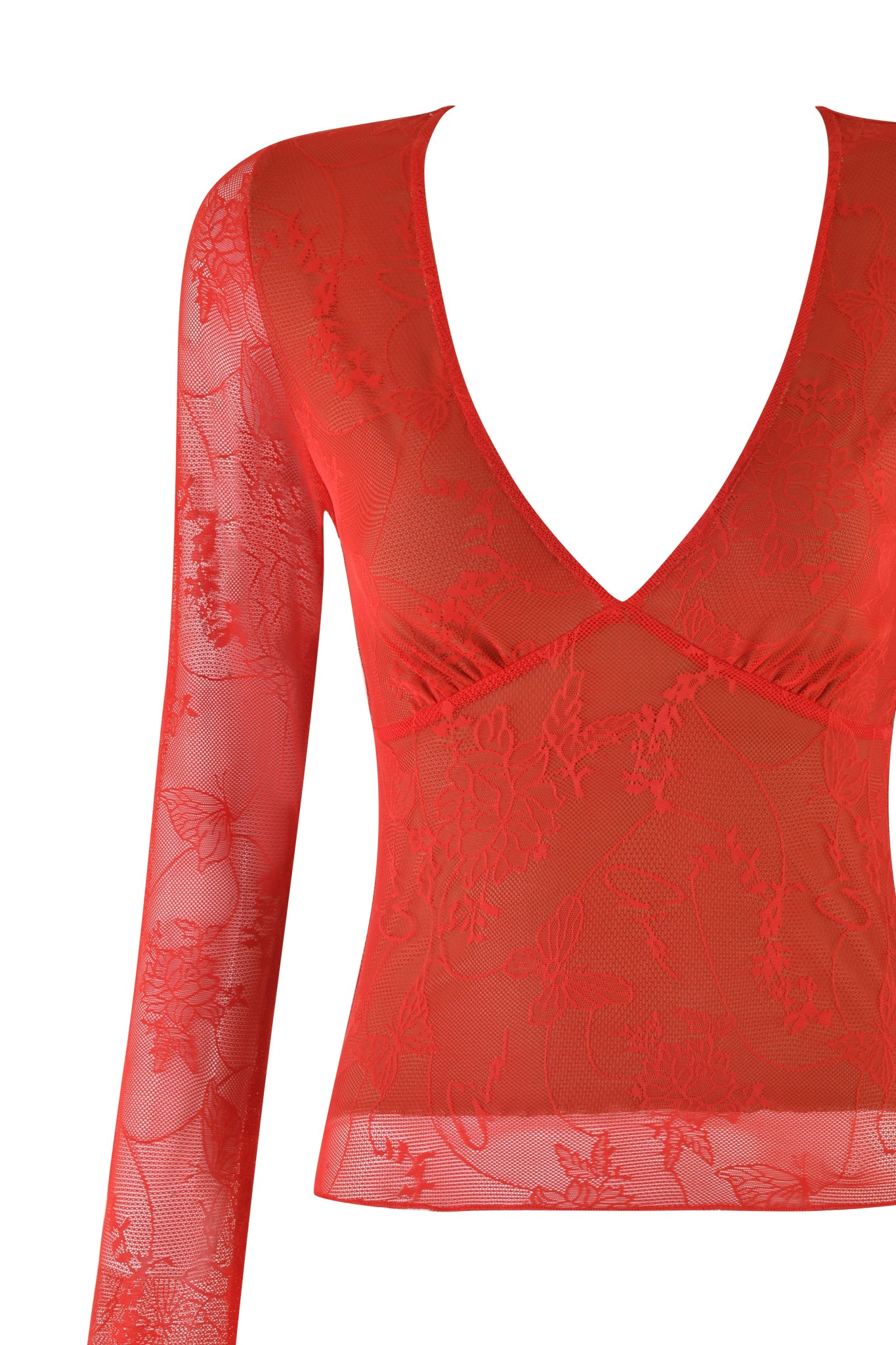 The YVETTE TOP - RED by I.AM.GIA features long sleeves and a deep V-neck, showcasing exquisite butterfly lace detailing and floral patterns. Made from a sheer fabric, this top adds a delicate and elegant touch to your outfit.