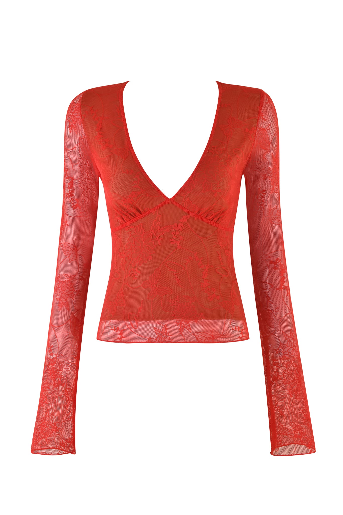 Introducing the YVETTE TOP - RED by I.AM.GIA: This stunning red long-sleeve top features a deep V-neck and intricate butterfly lace detailing. Made from a semi-transparent fabric, it adds a delicate and elegant touch, perfectly complementing its exquisite red lace design.