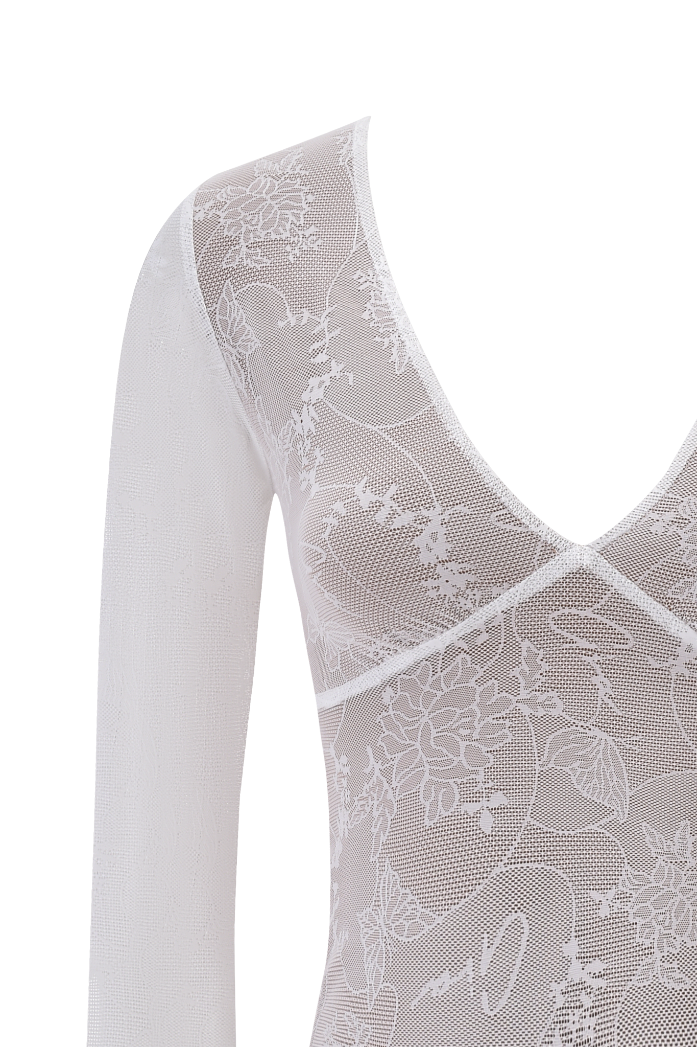 The YVETTE TOP - WHITE : BUTTERFLY LACE by I.AM.GIA is a sheer white lace long-sleeve top with a V-neckline, featuring an intricate floral pattern and delicate butterfly detailing.
