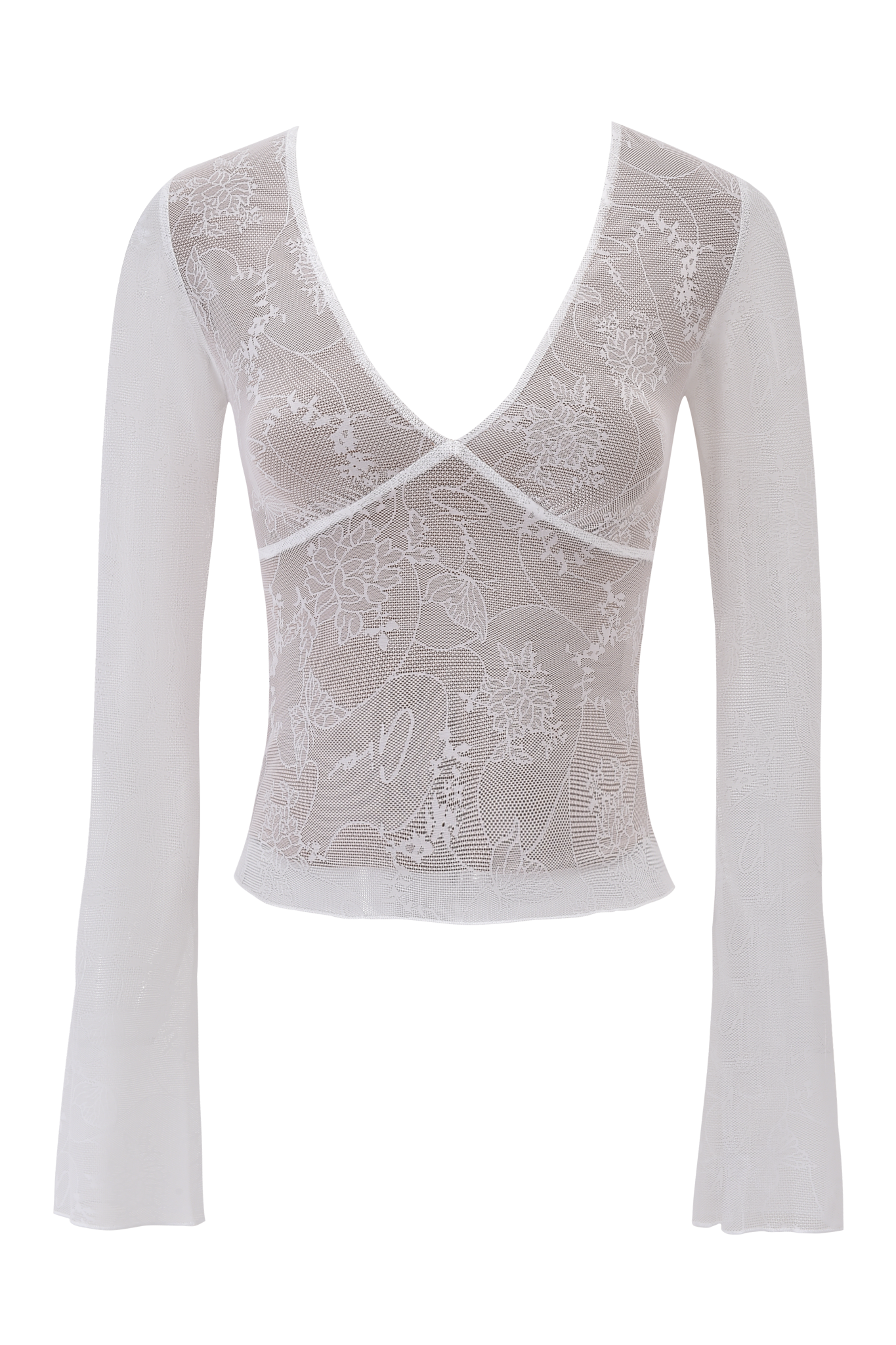 The YVETTE TOP - WHITE : BUTTERFLY LACE by I.AM.GIA is a sheer white mesh long-sleeve bodysuit featuring floral lace, butterfly details, a deep V-neckline, and a fitted silhouette.
