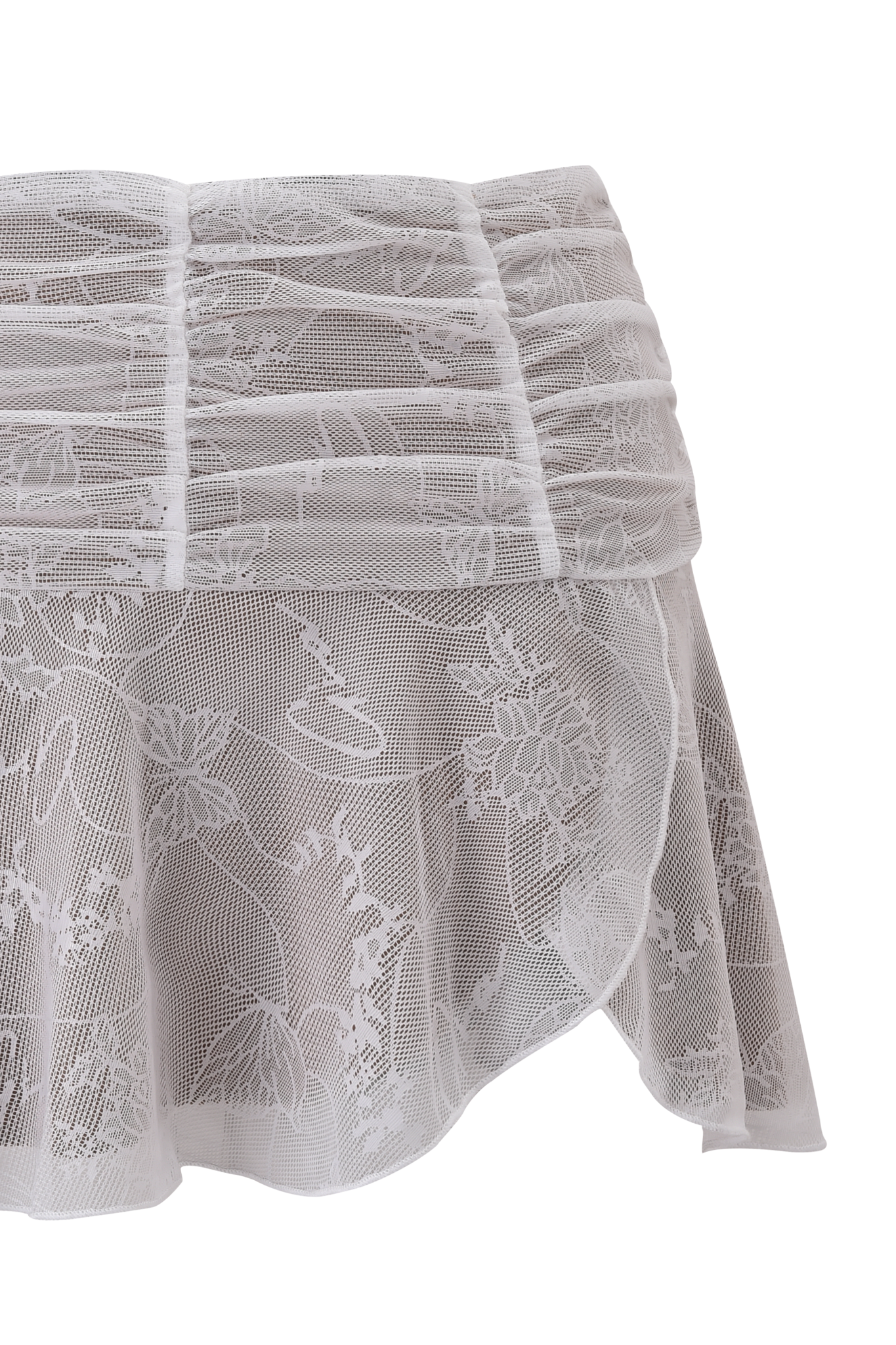 The YVETTE SKIRT - WHITE : BUTTERFLY LACE by I.AM.GIA showcases sheer white lace with floral and butterfly motifs, ruched top detailing, and an asymmetrical hemline.