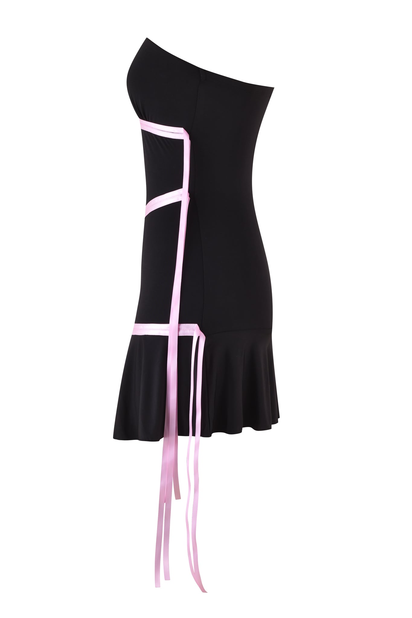 The ARLY MINI DRESS – BLACK : PASTEL PINK by I.AM.GIA is a stunning one-shoulder ensemble, featuring a fitted bodice and an asymmetrical flared skirt. Adorned with pink satin ribbon details extending from the side, it adds a decorative flair to its elegant design, all beautifully presented against a white background.