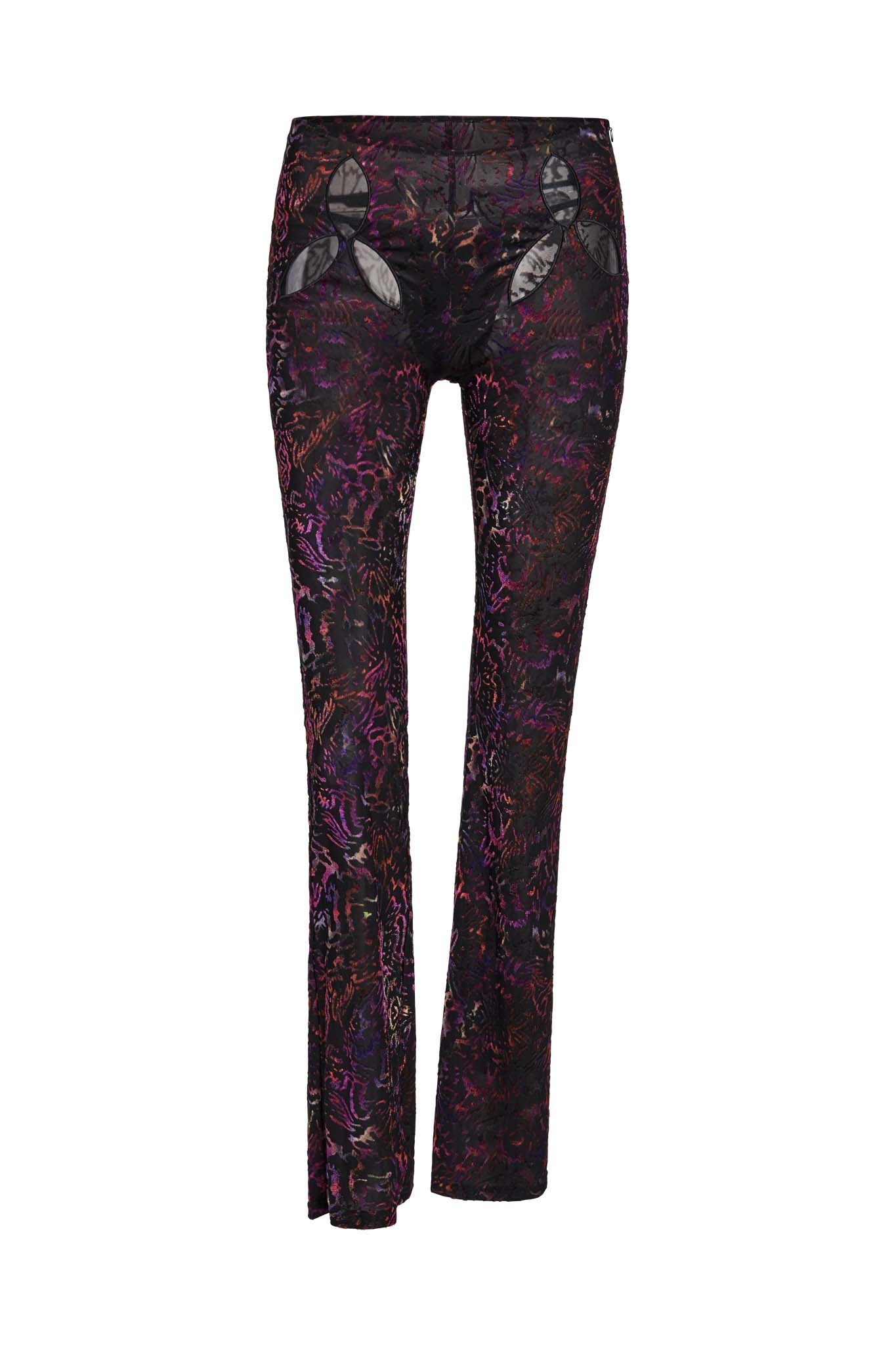 The AMINA PANT - ANIMAL BURN OUT from I.AM.GIA is a pair of women's pants featuring a dark, abstract pattern with shades of purple, red, and black. This slim-fit design is crafted from thin, semi-transparent fabric and adorned with two prominent butterfly designs near the back pockets.