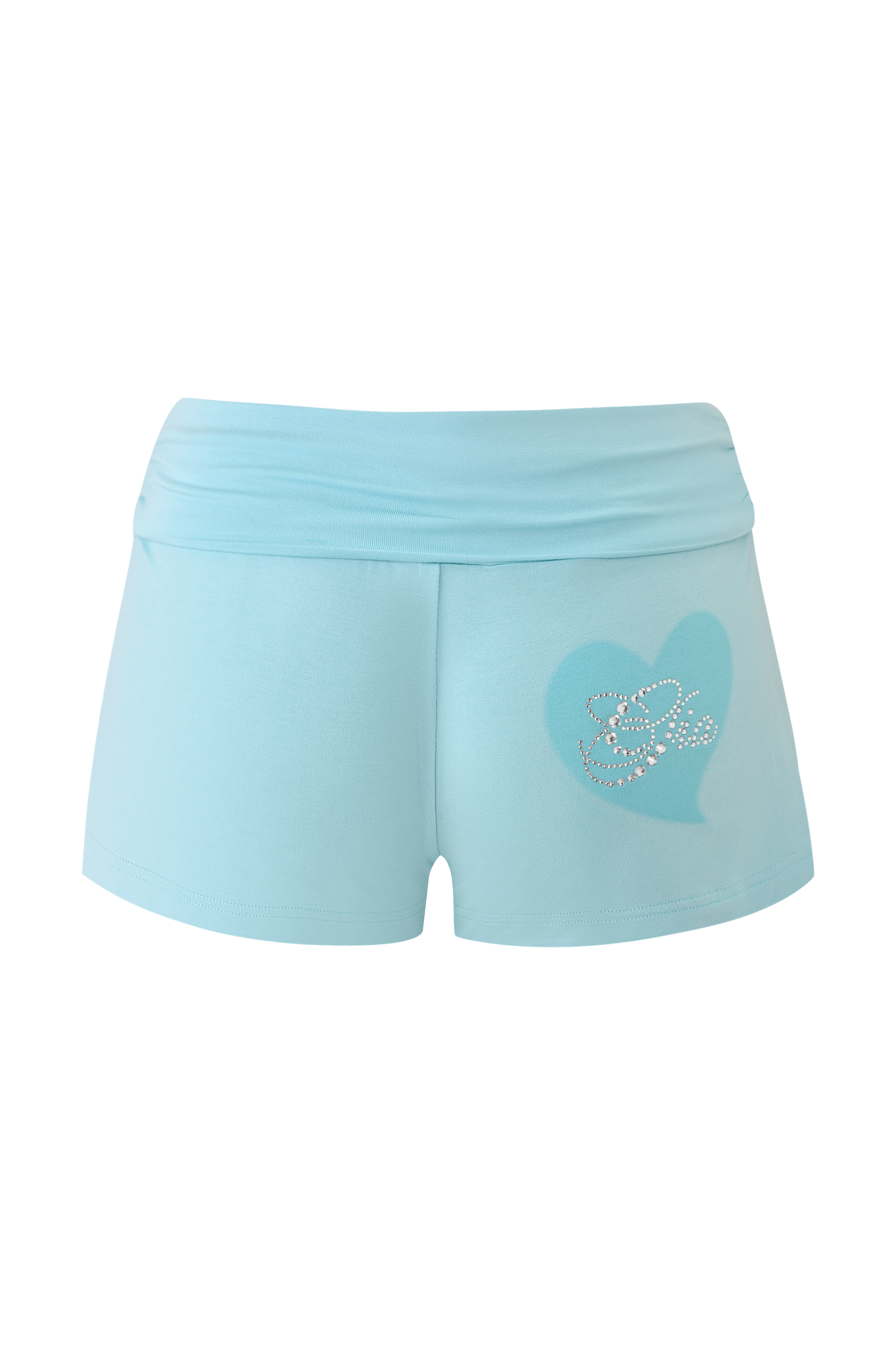 The I.AM.GIA ERIN SHORT - AQUA features a wide waistband, large blue heart, and a sparkling diamanté "Elle" logo on the left side, shown against a plain background.