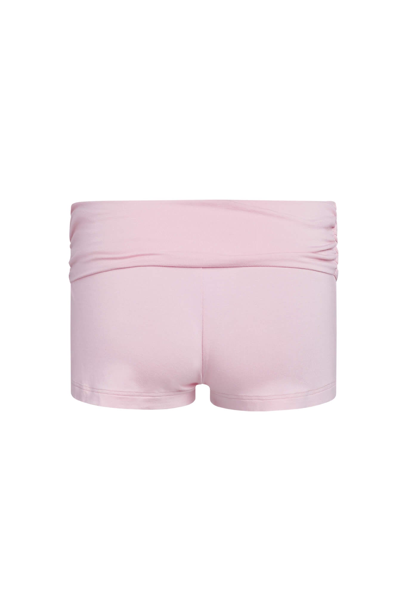 The ERIN SHORT - PINK by I.AM.GIA is showcased against a simple white backdrop. These light pink bamboo mini shorts are designed with a wide waistband and offer a smooth, bodycon fit. Made from high-stretch fabric, they ensure both comfort and style.
