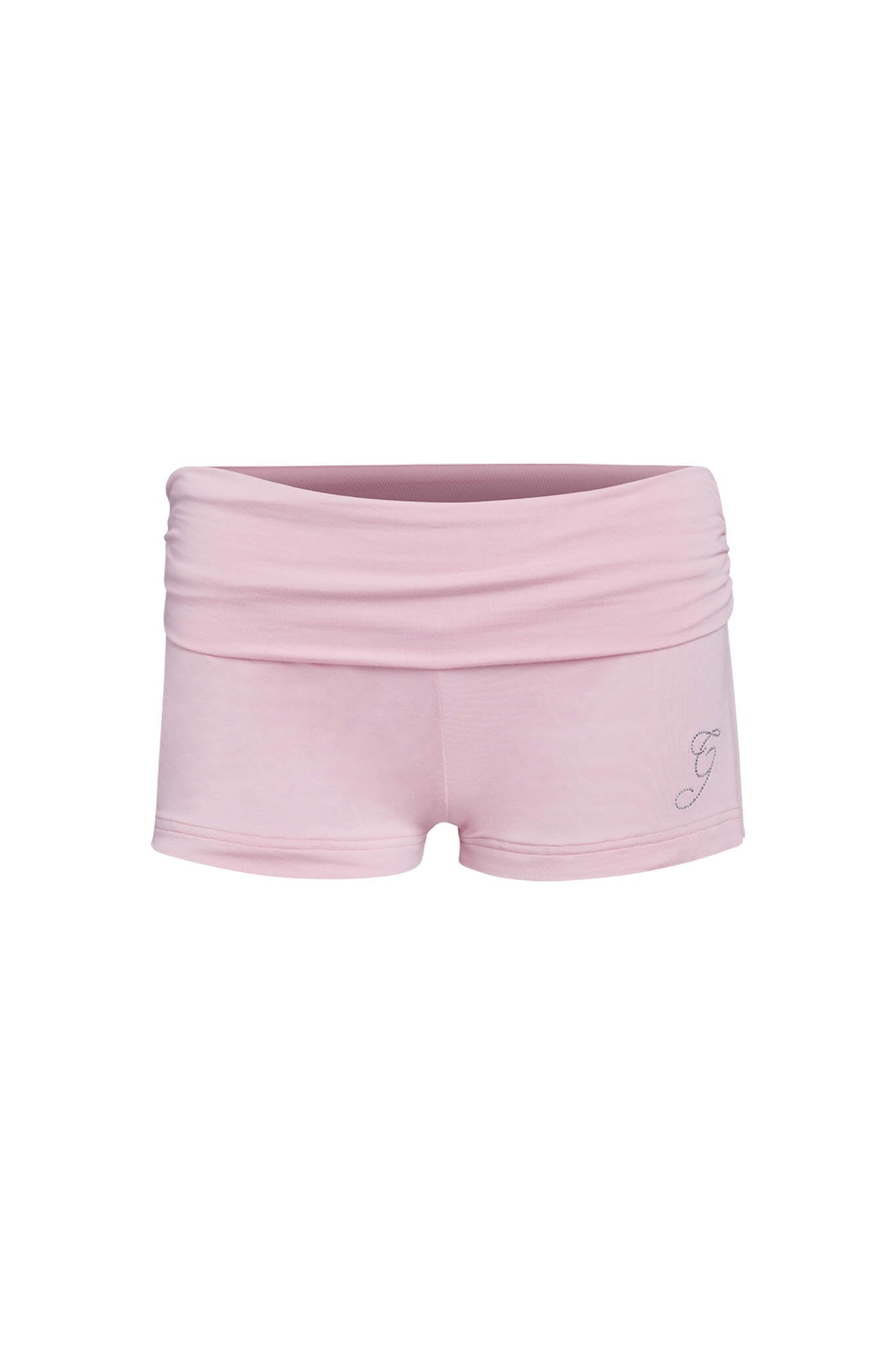 The ERIN SHORT - PINK by I.AM.GIA features a light pink bamboo mini short design with a wide waistband and gathered detailing. An elegant script-style letter "G" is embroidered on the bottom left hem. Made from high stretch fabric, it appears soft and stretchy, offering comfortable movement for activities like dance or yoga.