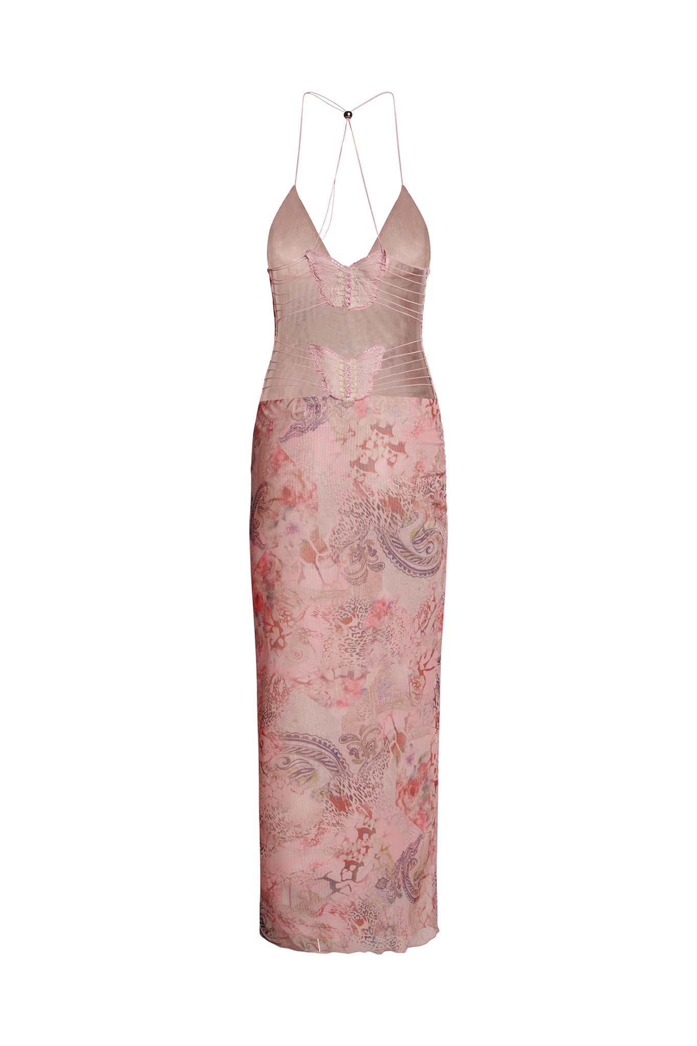 Introducing the ELLERY DRESS - PINK : FLORA PAISLEY by I.AM.GIA, a sleeveless, backless dress with a halter neck and fitted bodice. This elegant piece showcases a delicate floral and paisley print, lending it a feminine touch. The lightweight fabric flows gracefully down to a long, straight hemline.