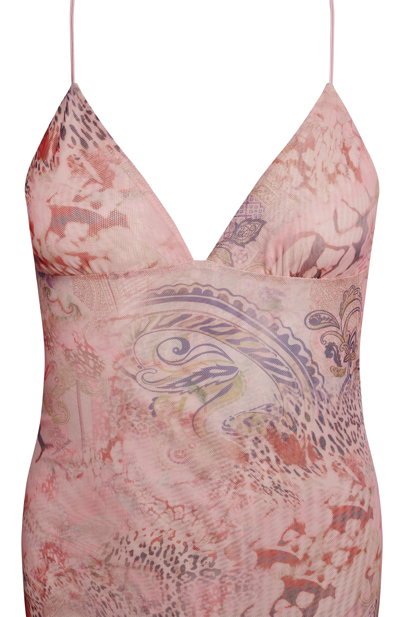 The ELLERY DRESS - PINK : FLORA PAISLEY by I.AM.GIA is a sleeveless, form-fitting dress featuring a deep V-neckline and thin spaghetti straps, crafted from fabric with a pink base adorned with an abstract, intricate pattern in various shades, including paisley designs and floral motifs.