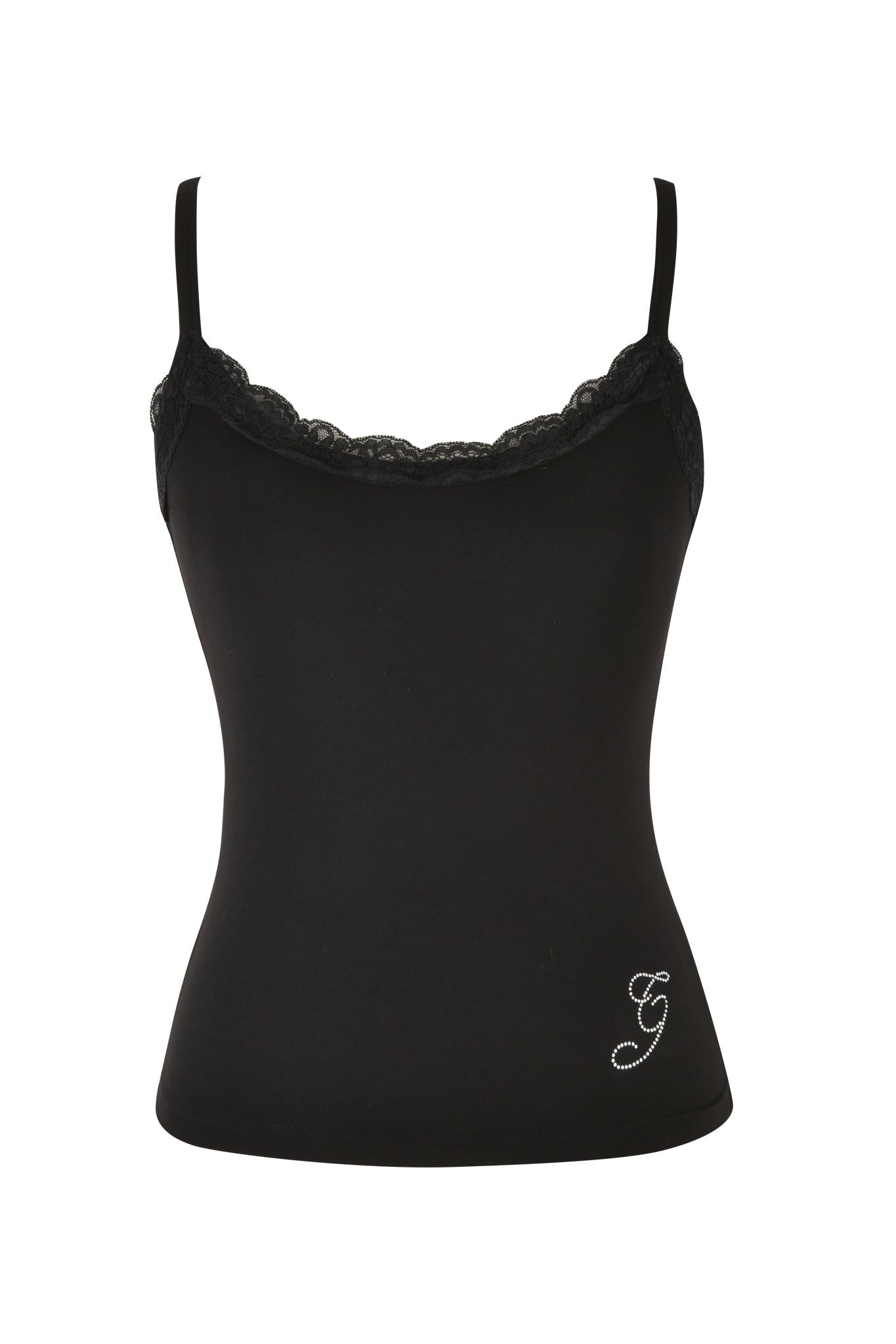The ERIN TOP - BLACK by I.AM.GIA is a black camisole with thin straps, delicate lace trim at the neckline, and features a rhinestone-embellished initial "G" near the bottom hem. The fabric is smooth, providing a flattering bodycon fit.