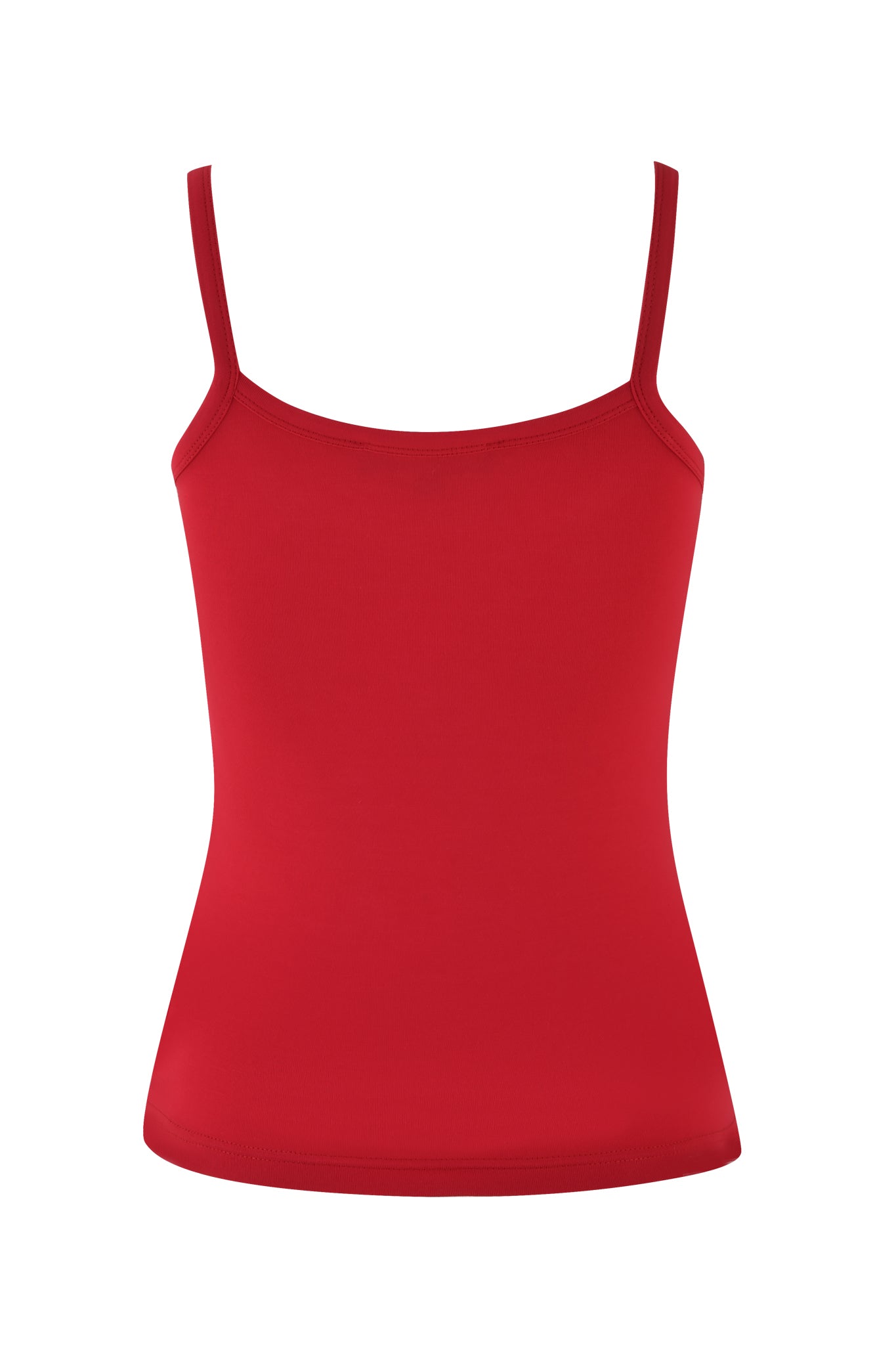 The ERIN TOP - RED by I.AM.GIA is a straightforward red tank top featuring spaghetti straps, made from soft bamboo fabric and presented on a white backdrop.