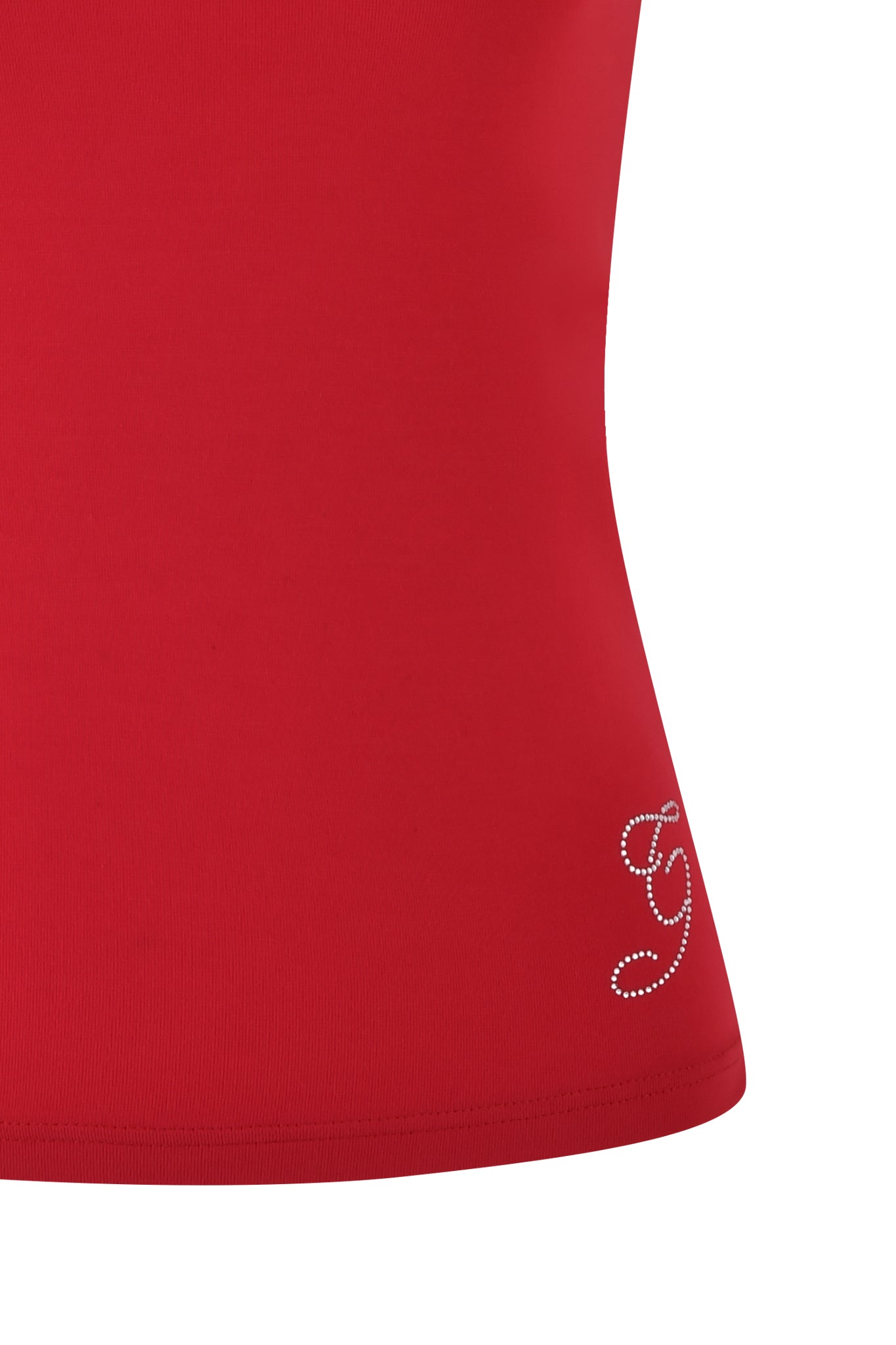 Close-up of the ERIN TOP - RED by I.AM.GIA, crafted from luxurious bamboo fabric and adorned with a small decorative "G" in silver rhinestones on the lower side.