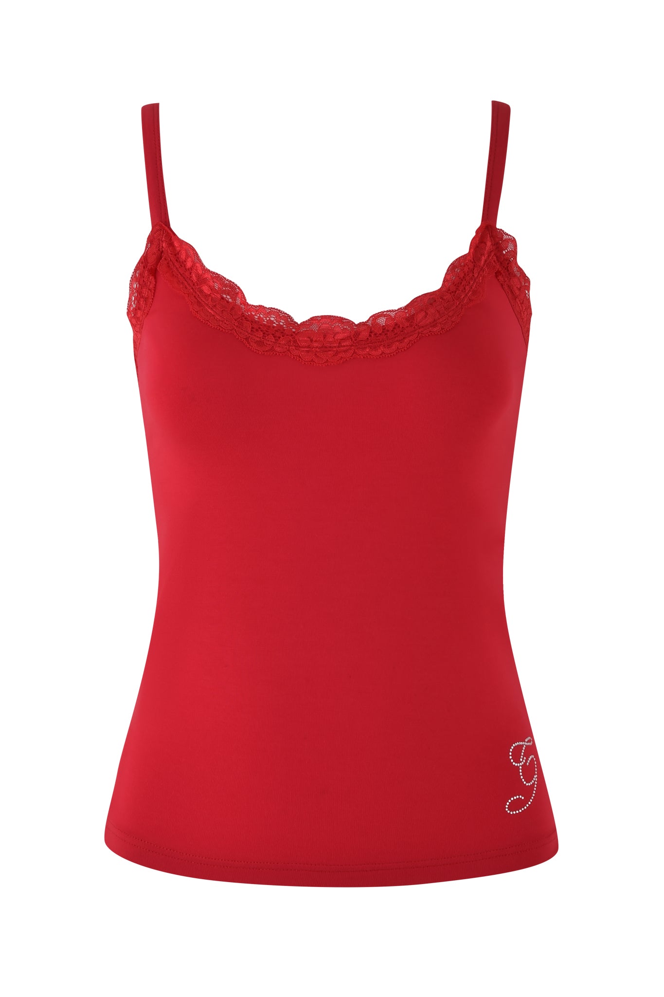 The ERIN TOP - RED by I.AM.GIA showcases a captivating red camisole design, highlighted by delicate lace trim at the neckline and slender shoulder straps. Crafted from soft bamboo fabric, this chic piece is elegantly accented with a small "G" made of rhinestones on the bottom right corner.