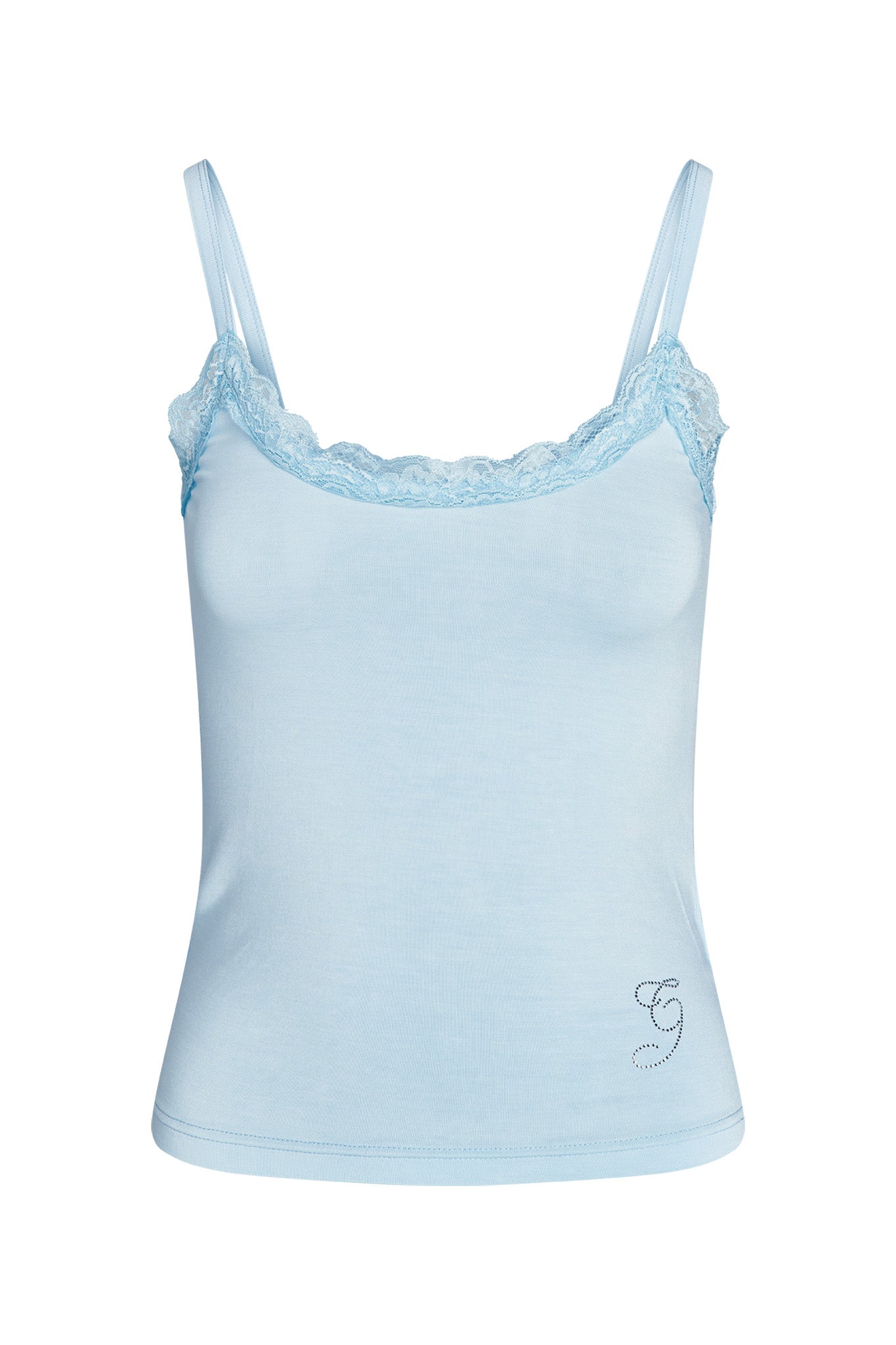 The ERIN TOP - BLUE : BABY BLUE by I.AM.GIA is a light blue sleeveless camisole featuring thin straps and lace trim along the neckline. The fabric appears soft and stretchy, with a small I.AM.GIA decorative design near the hem on the lower right side.