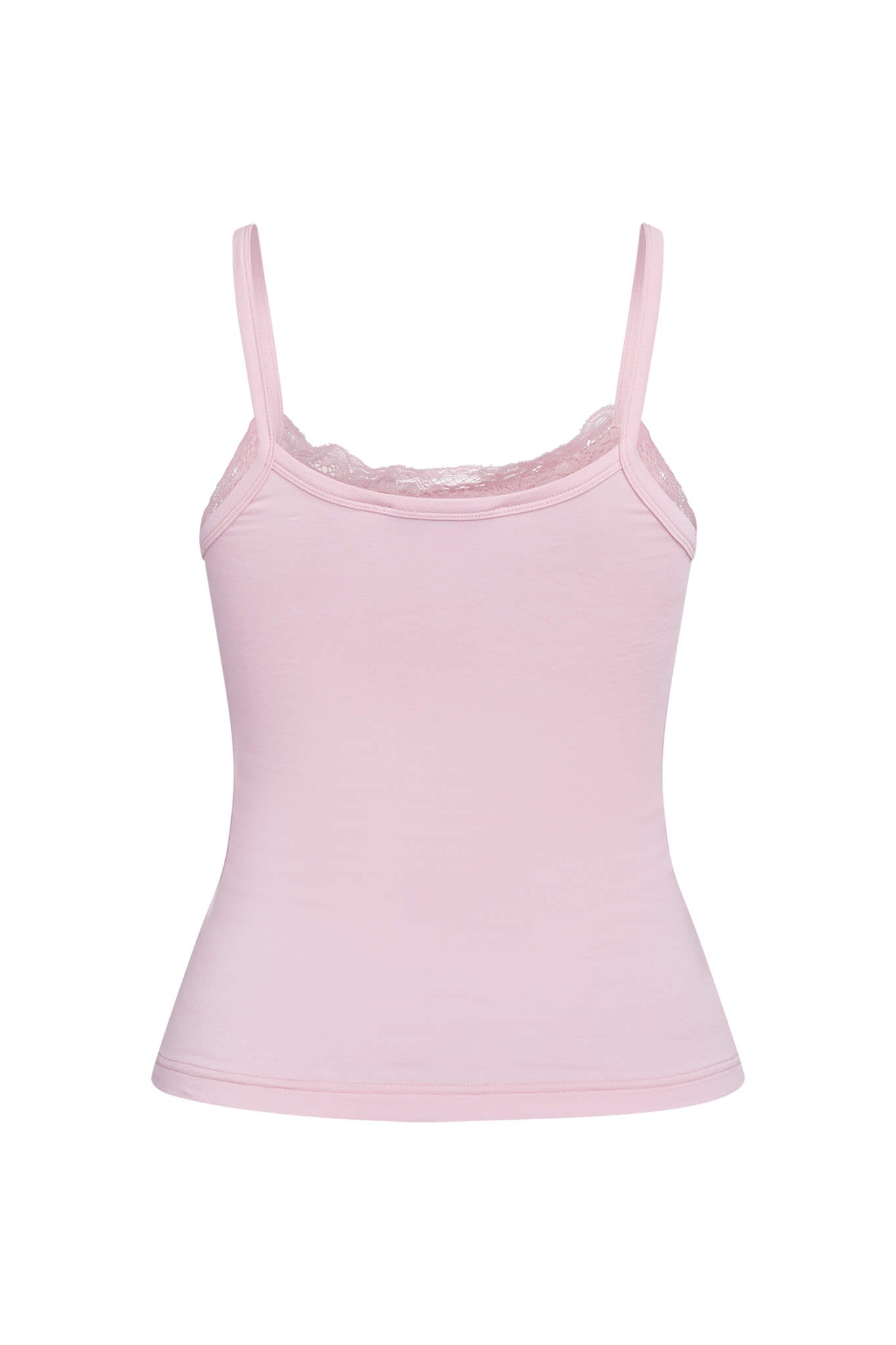 An image of the ERIN TOP - PINK by I.AM.GIA, featuring a cozy spaghetti-strap tank top with lace trim around the neckline. The fabric appears smooth and slightly stretchy, offering a fitted, bodycon silhouette. The camisole has a simple, elegant design against a plain white background.