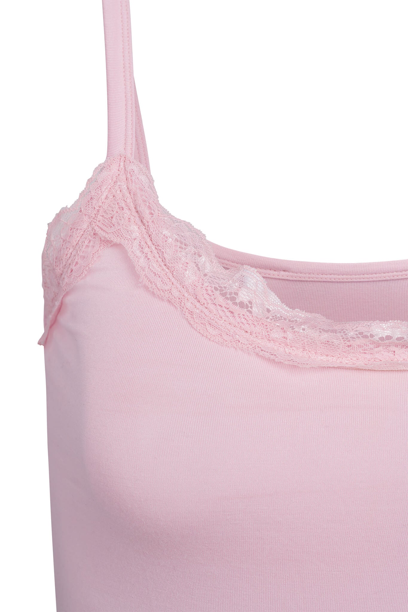 Here's a close-up of the cozy ERIN TOP - PINK by I.AM.GIA, showcasing its thin shoulder straps and delicate lace trim along the neckline. The softly fitted bodycon silhouette exudes elegance, while the lace detailing adds a touch of femininity to this beautiful garment.