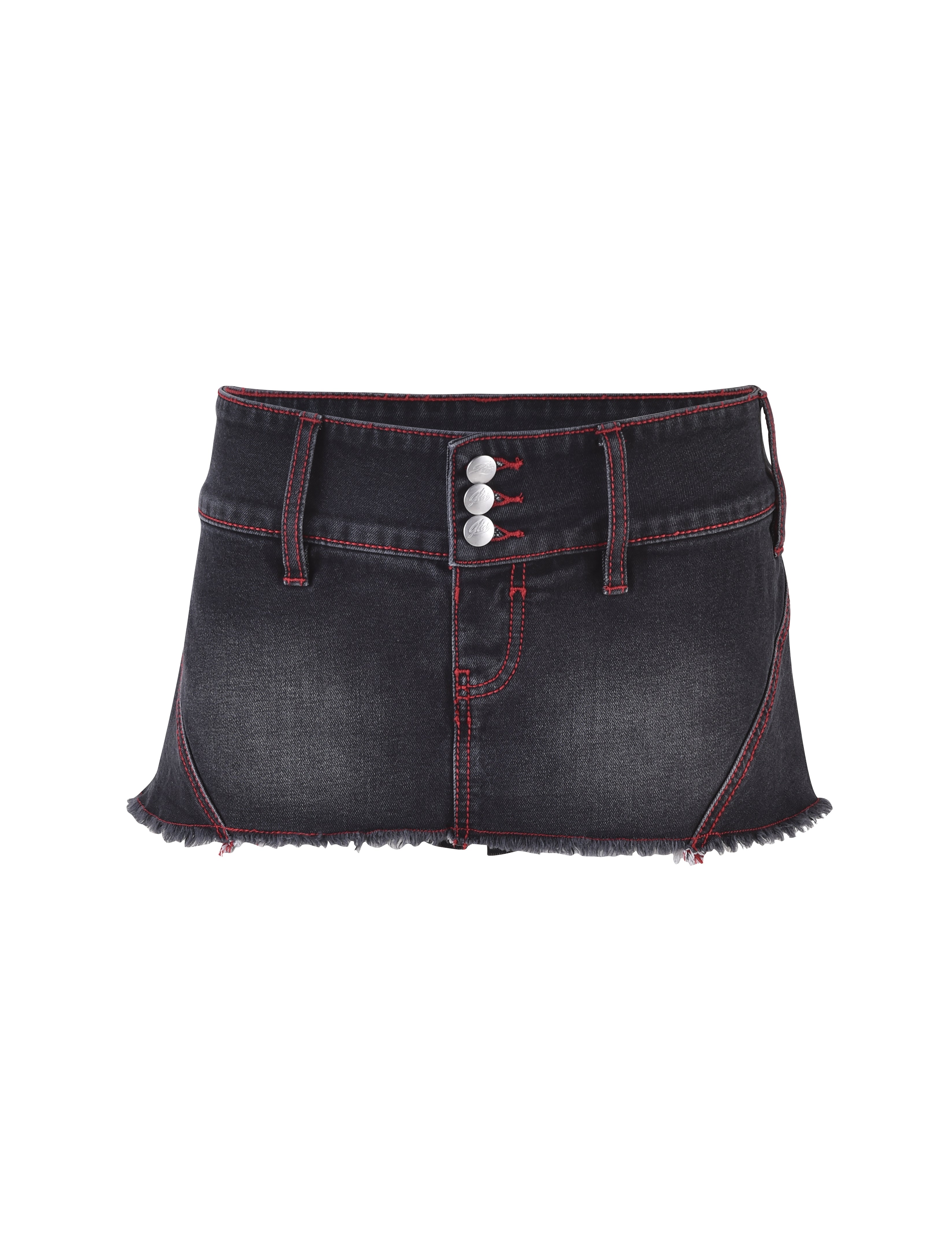 The NYKKO SKORT - BLACK/RED by I.AM.GIA is a black denim mini skirt with red stitching, featuring three white buttons, belt loops at the waistband, a frayed hem, and visible front pockets with a slight wear effect on the fabric.