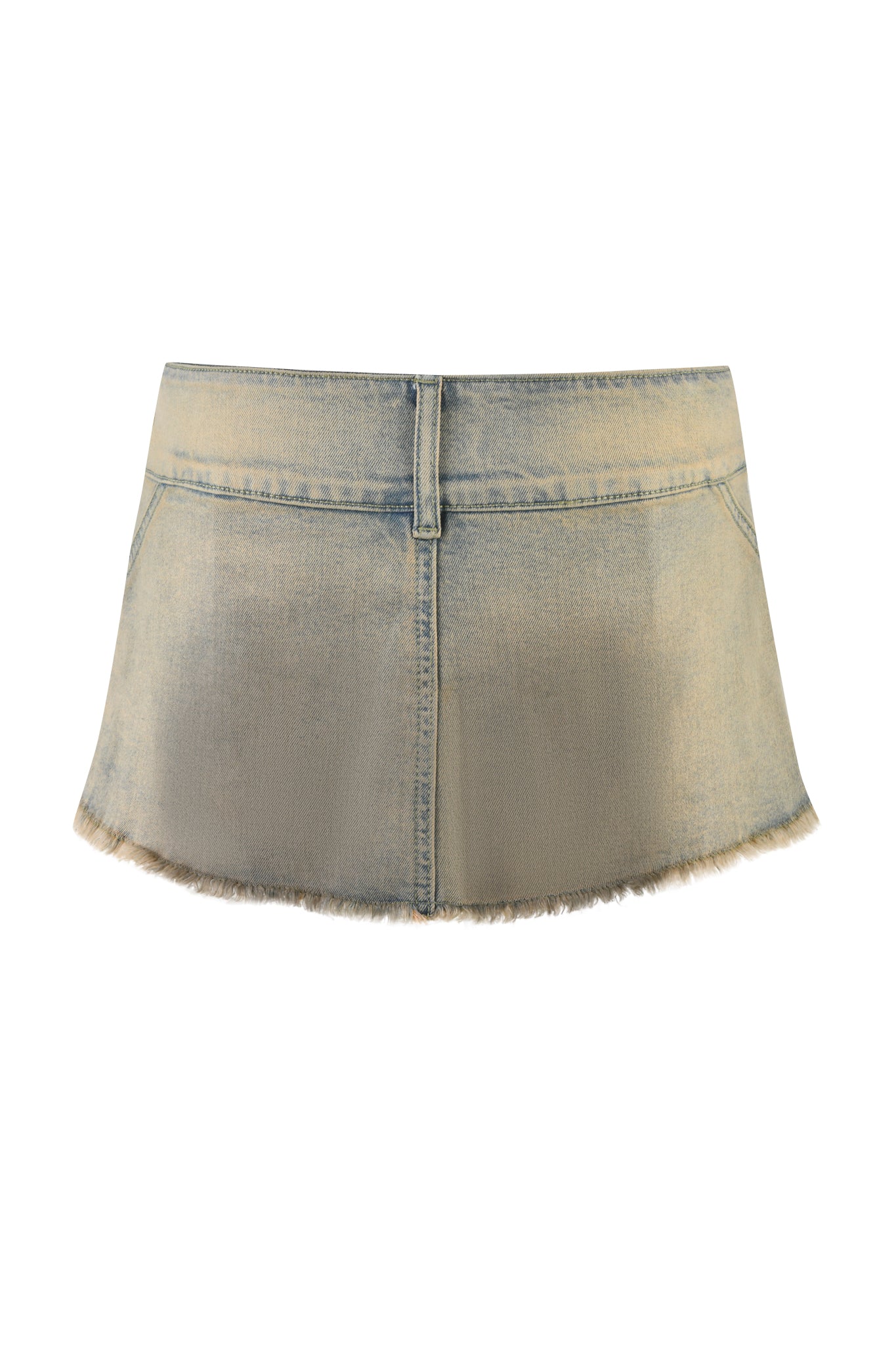 Back view of a beige Tan Wash I.AM.GIA Nykko Skort featuring a raw hem, subtle gradient wash, slight distressing near the bottom edge, and a playful low-rise waistline.