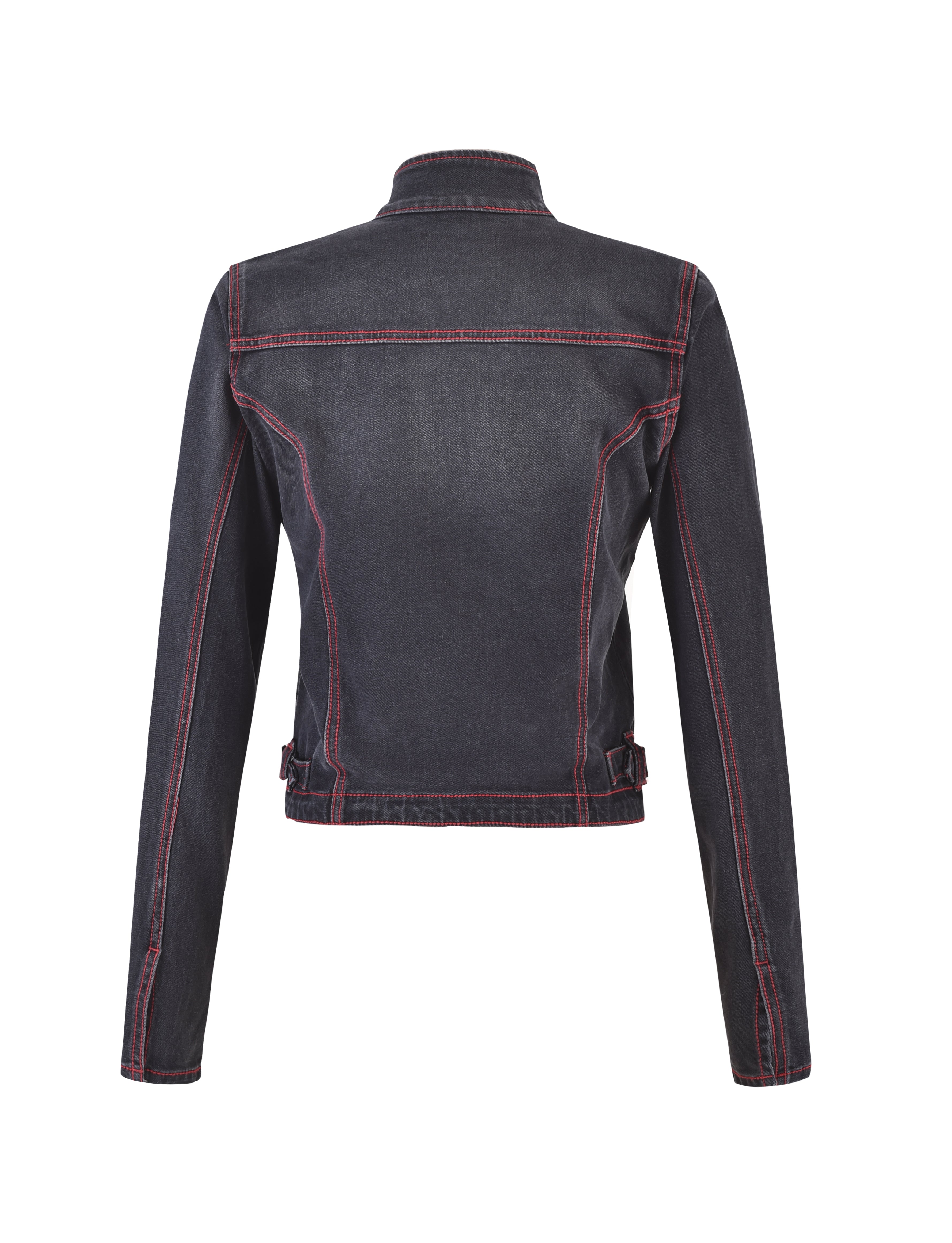 The image depicts the back view of the I.AM.GIA NYKKO JACKET - BLACK/RED, showcasing its dark denim fabric, long sleeves, and contrast red stitching along the seams. The jacket features a straight collar and adjustment tabs on the sides near the waist.