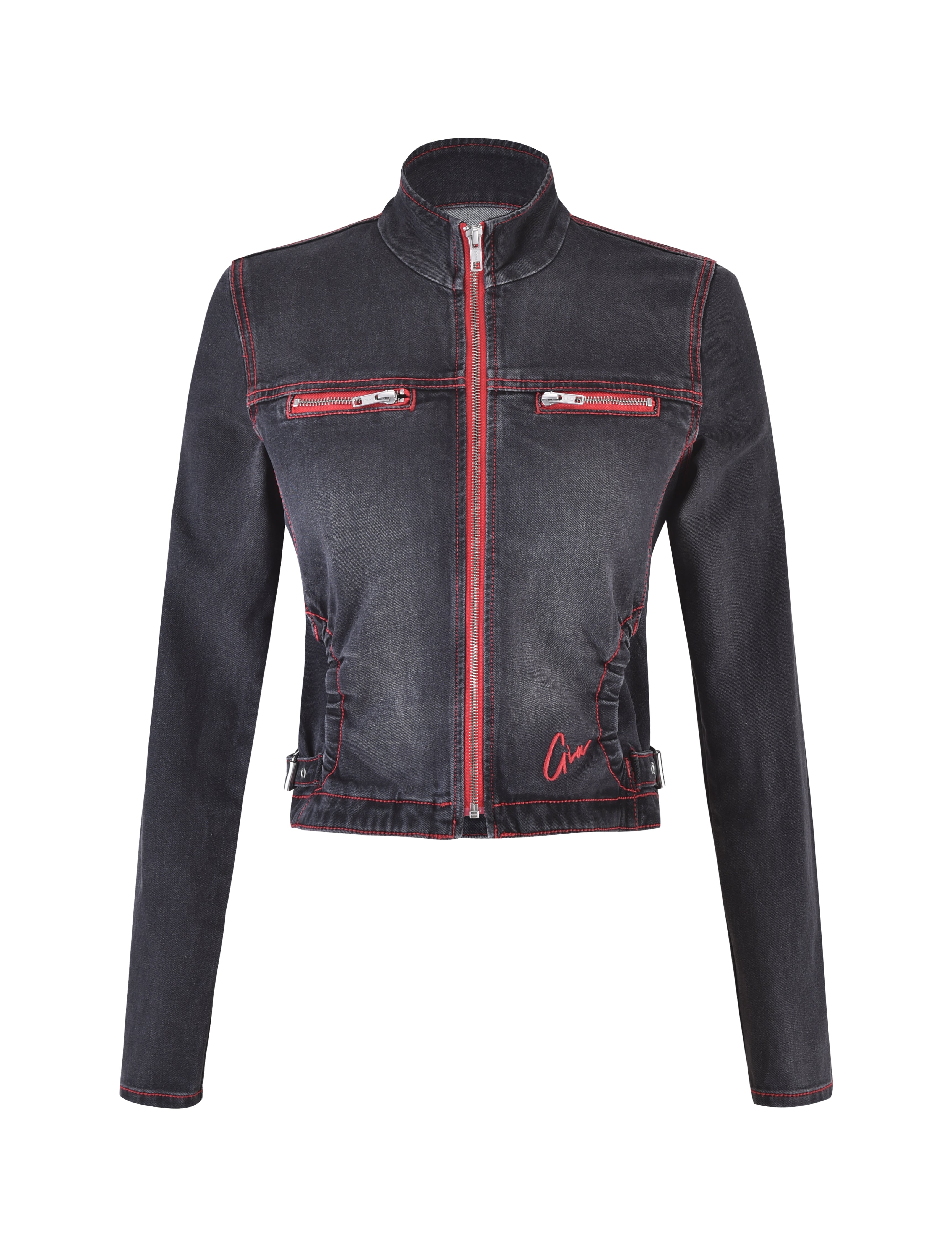 The NYKKO JACKET - BLACK/RED by I.AM.GIA is a black denim jacket with red stitching, red zipper pockets on the chest, and a red embroidered I.AM.GIA logo on the lower left side. It features a high collar, long sleeves, and a fitted silhouette with adjustable side tabs.