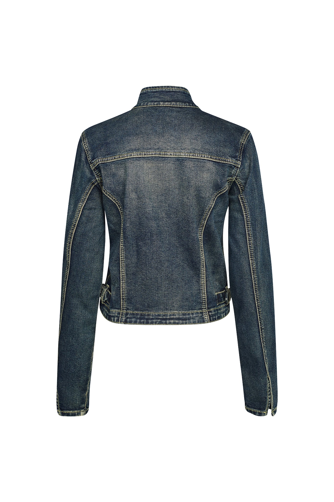 Back view of the NYKKO JACKET - BLUE : DENIM BLUE by I.AM.GIA, showcasing long sleeves with buttoned cuffs and contrast stitching along the seams. The jacket features a straight collar, fitted waist, and a slightly faded wash for a vintage look.