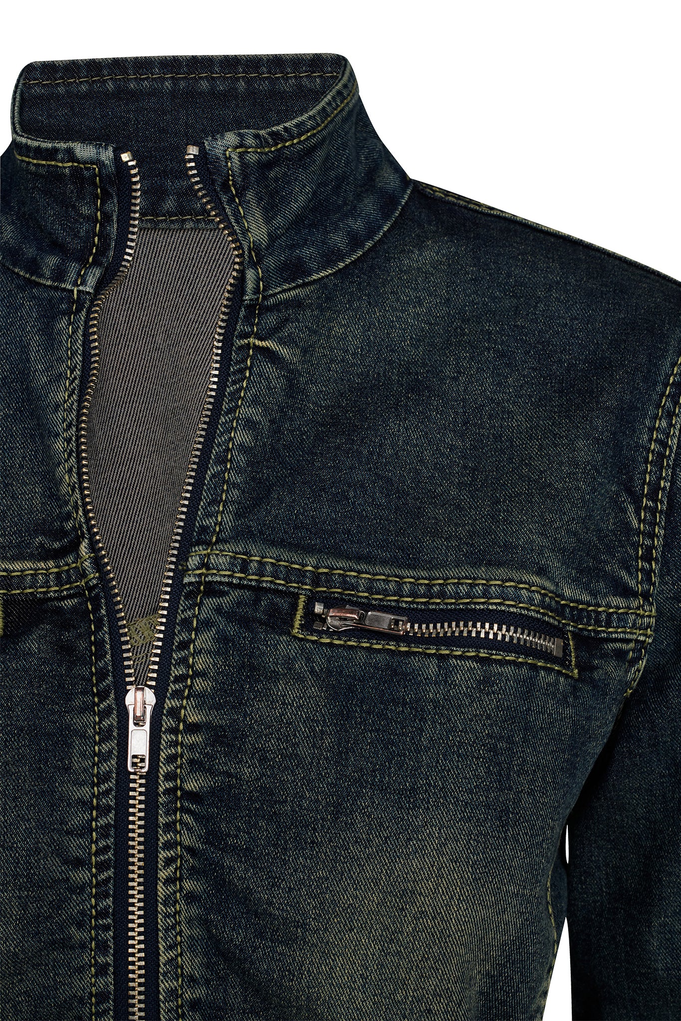 Close-up of the I.AM.GIA NYKKO Jacket - Blue : Denim Blue, featuring a partially opened front zipper and a horizontal zipper on the chest pocket. The jacket showcases a dark blue wash, with the inside lining visible through the open zipper.