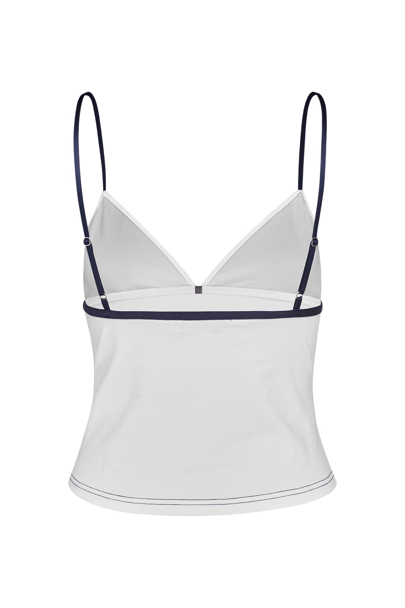 The EDITA TOP - WHITE by I.AM.GIA is a white, sleeveless spaghetti strap top with a v-neck and adjustable navy blue straps. It boasts a fitted yet slightly flared shape and features a horizontal navy blue trim below the bust, along with subtle stitching detail at the hem.