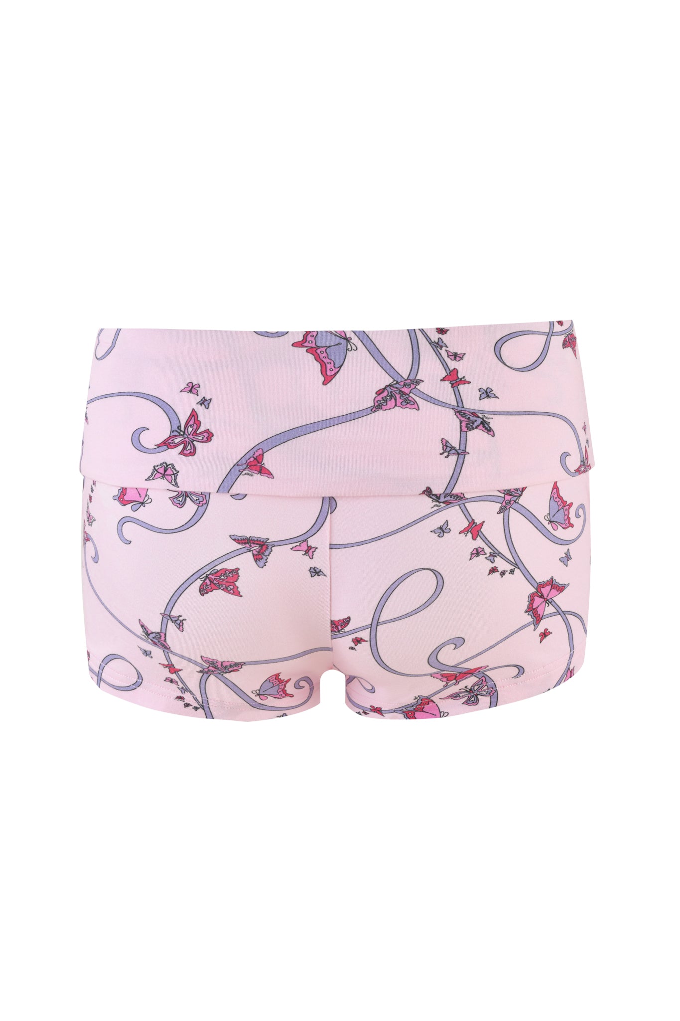 The RHIANNON SHORT - PINK : BUTTERFLY RIBBON by I.AM.GIA features decorative butterflies and swirls in pink, purple, and gray on low-rise waist shorts.