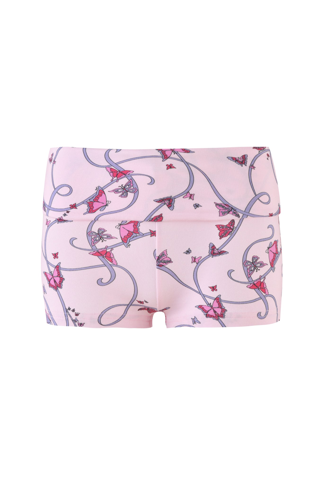 The RHIANNON SHORT - PINK : BUTTERFLY RIBBON by I.AM.GIA features a playful, high-waisted design with whimsical fairies, swirling plants, and butterfly ribbon prints in red and purple across the fabric.