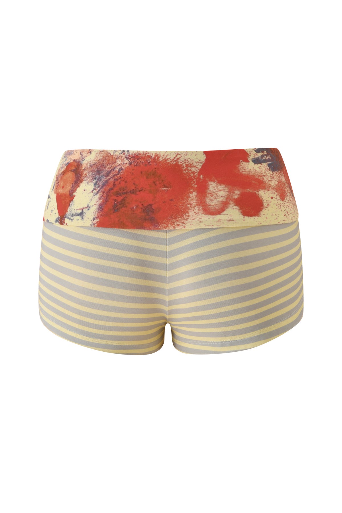 Introducing the T-REX BLARE 2.0 SHORT - YELLOW by I.AM.GIA: mini shorts featuring a yellow and grey striped foldover waistband with a wide, bodycon fit, accented by a bold abstract paint splatter design in red, blue, and black across the top for an eye-catching pop of color.