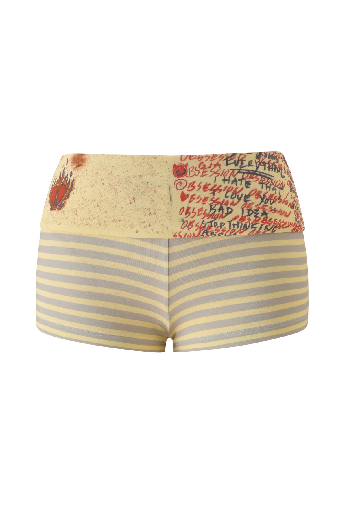 The I.AM.GIA T-REX BLARE 2.0 SHORT - YELLOW are high-waisted women's mini shorts with a foldover waistband, bodycon fit, yellow and grey stripes, a beige waistband featuring red handwritten text and a red heart graphic, plus subtle brown distressed detailing.
