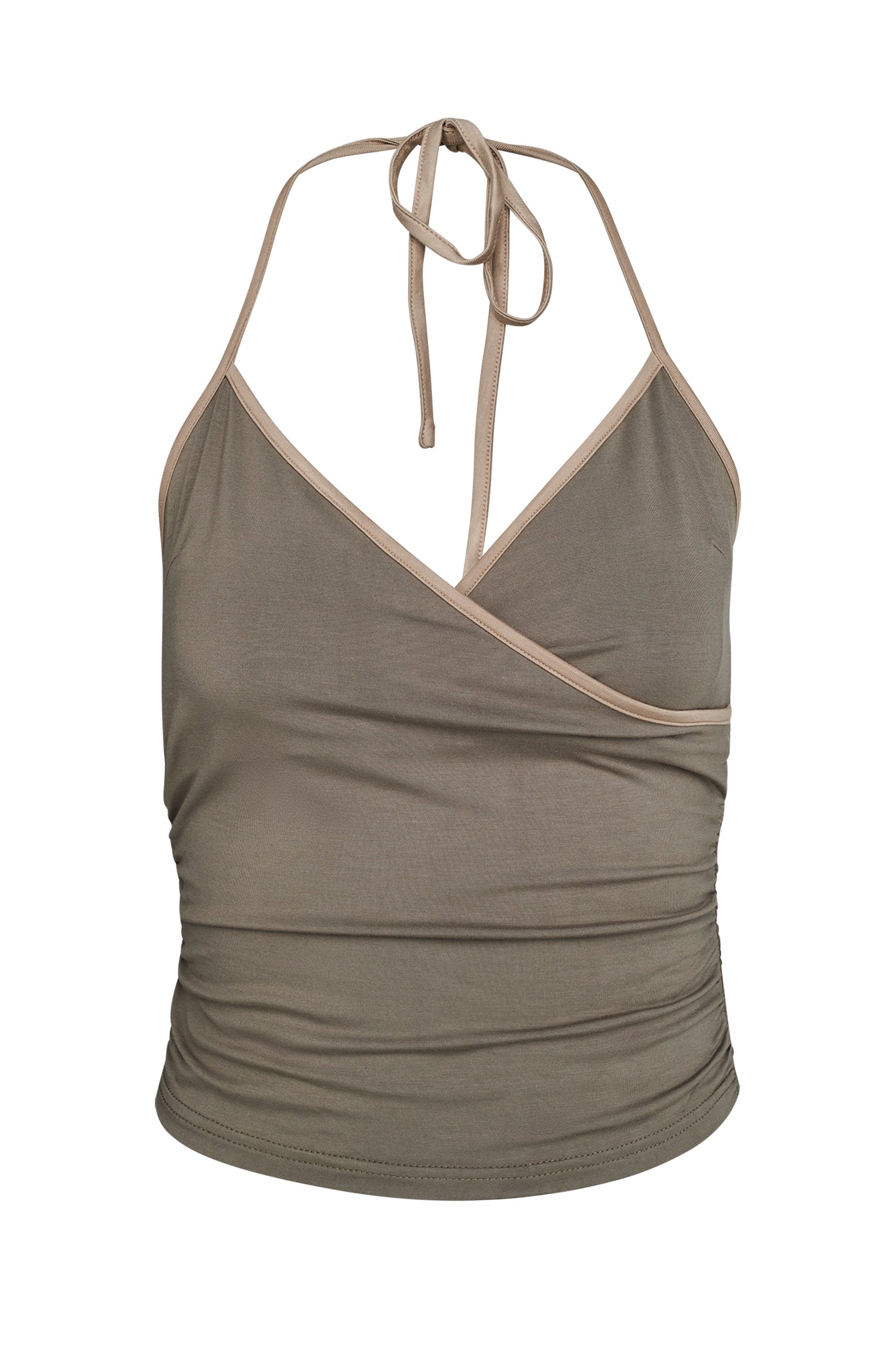 The I.AM.GIA JANNIS TANK in green features a halter neck design with a wrap-around style, thin straps that tie at the back of the neck, and gathered fabric on the sides for a ruched effect. The material looks soft and stretchy.