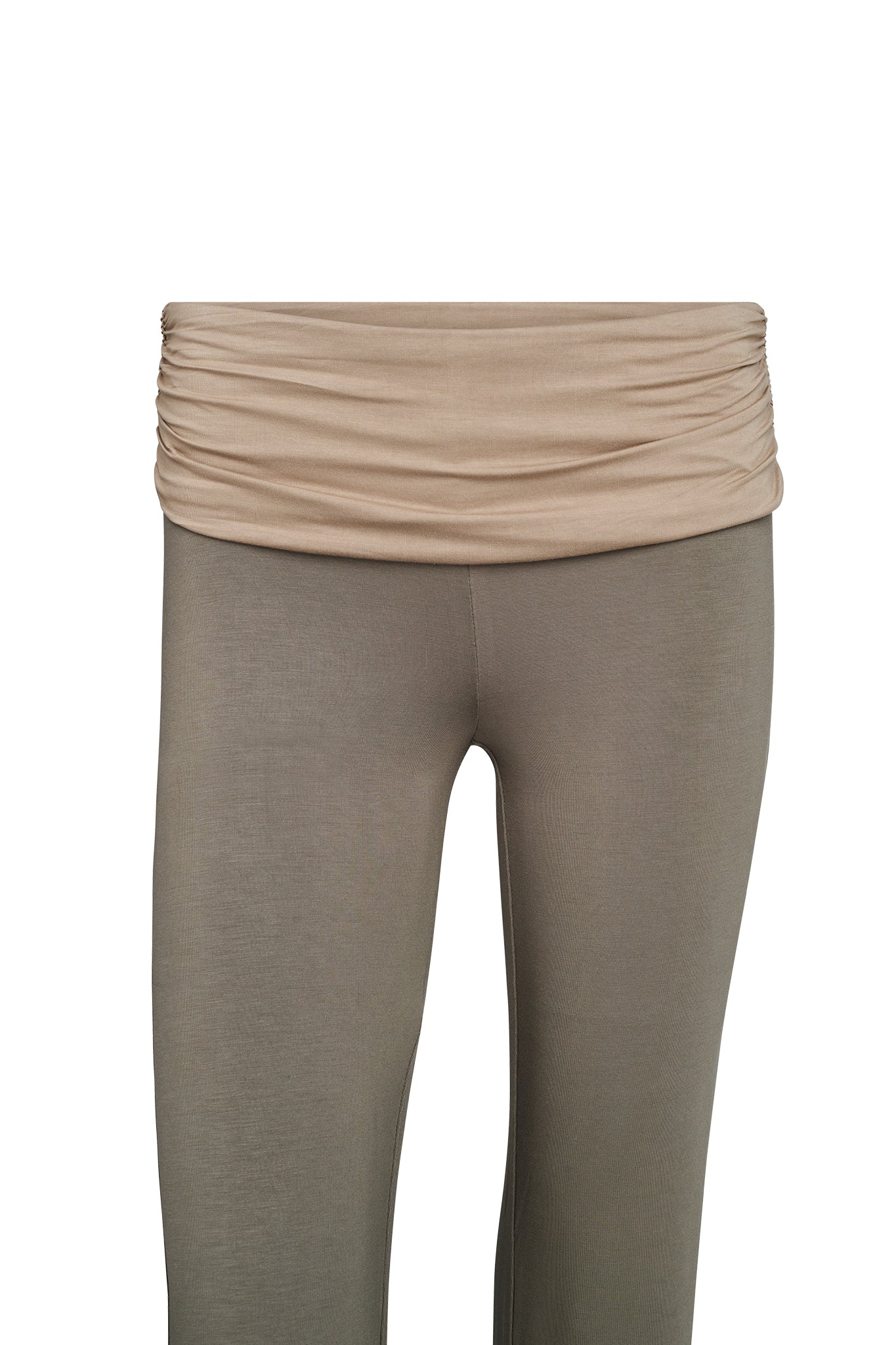 A pair of green JANNIS PANT leggings by I.AM.GIA is shown. These stylish leggings feature a high waist with gathered fabric detailing at the waistband.