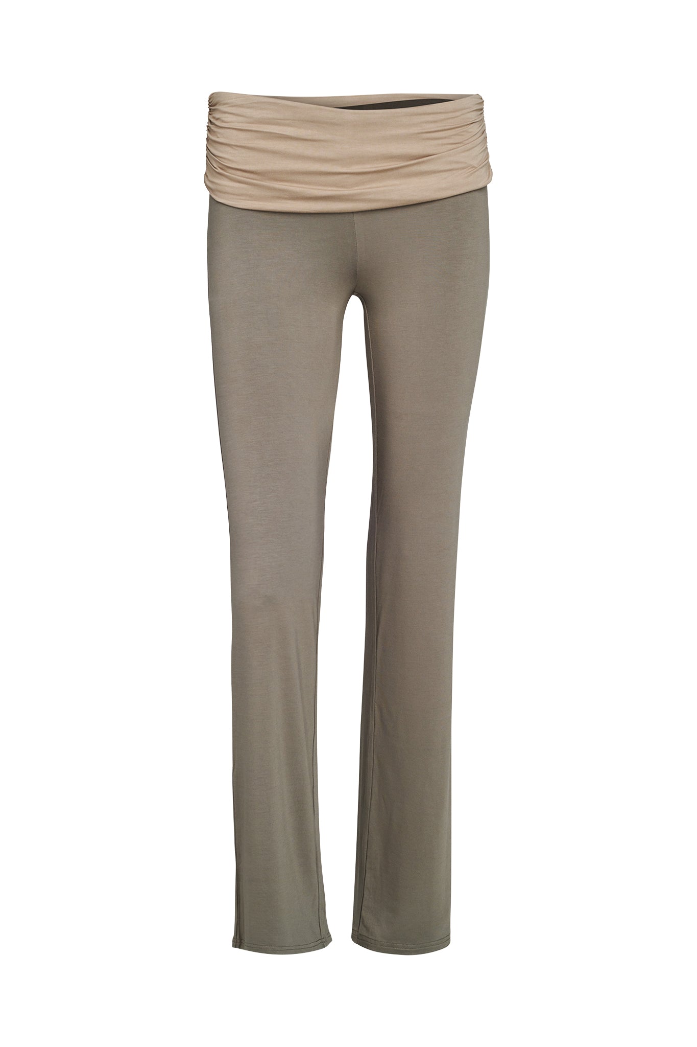 A pair of green-colored, full-length leggings with a wide, ruched waistband by I.AM.GIA. The material appears soft and comfortable, designed for casual or active wear, providing a snug fit and a smooth appearance.